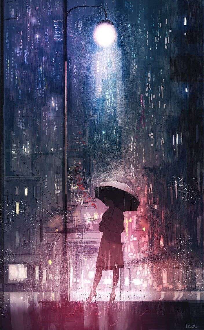 A painting of a person with an umbrella walking in the rain - Rain