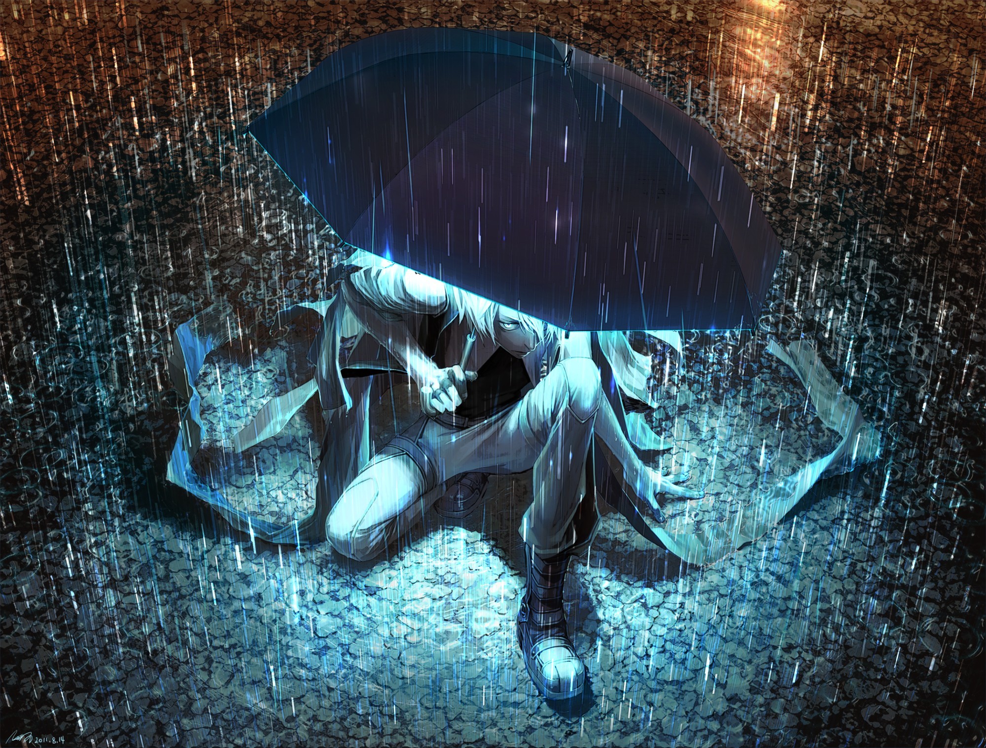 Wallpaper : night, anime boys, water, reflection, rain, artwork, umbrella, blue, underwater, darkness, marine biology 2000x1519