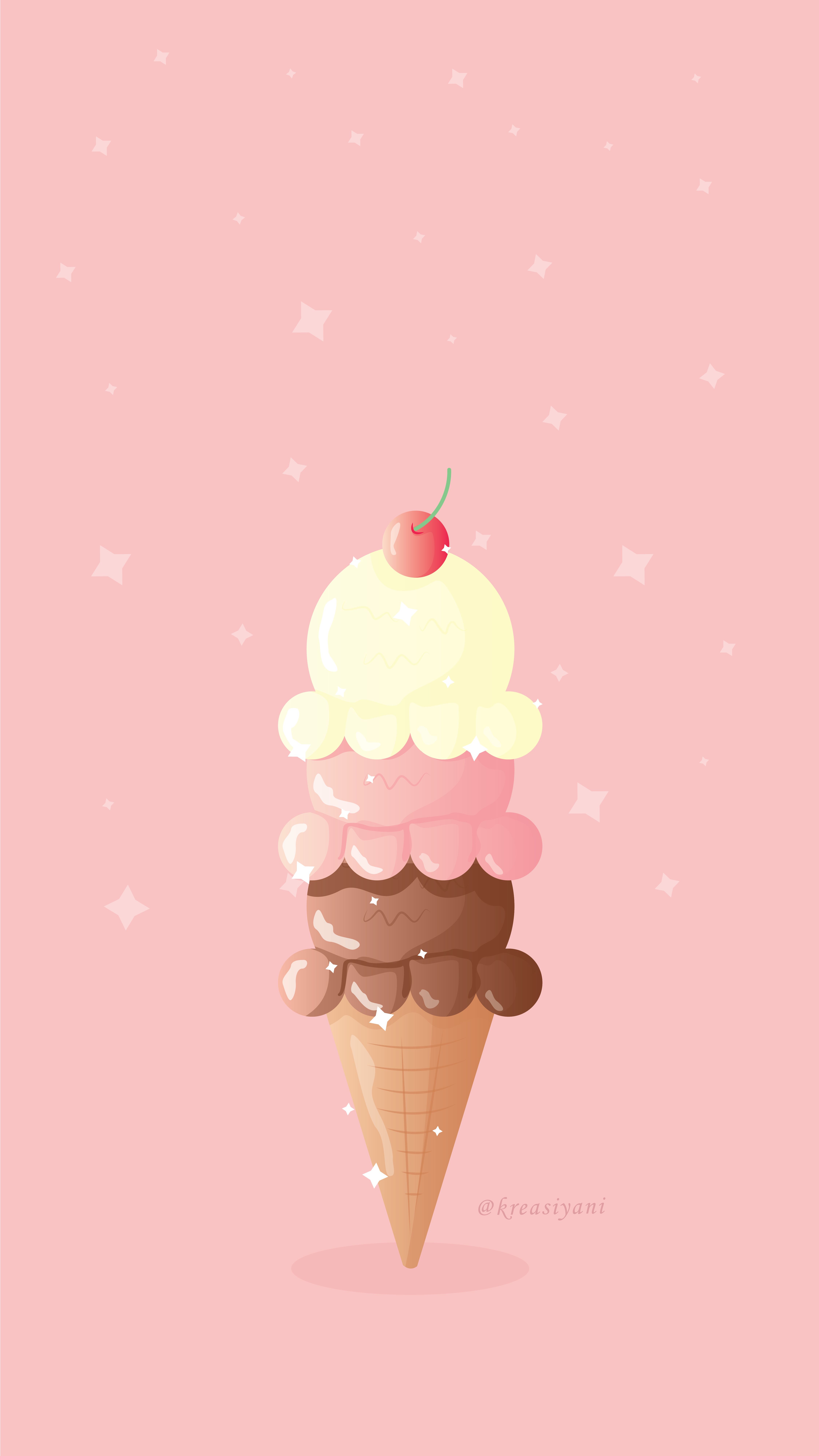 IPhone wallpaper of a delicious ice cream cone with three scoops of ice cream and a cherry on top. - Ice cream