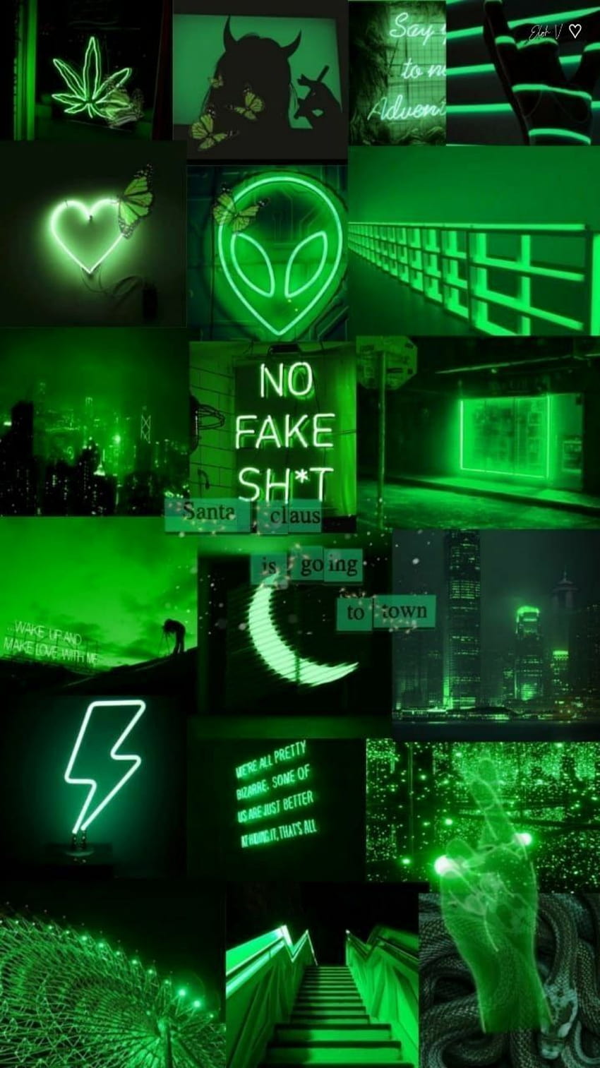 A collection of green neon lights and alien images - Neon green
