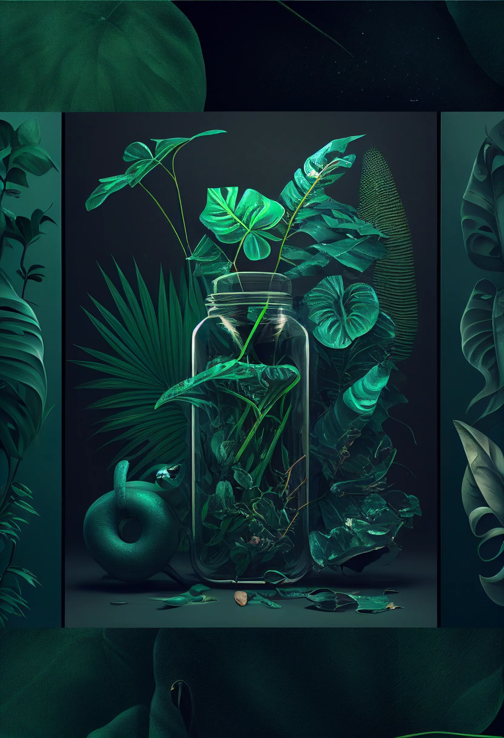 A green snake and green leaves in a glass jar. - Neon green, green