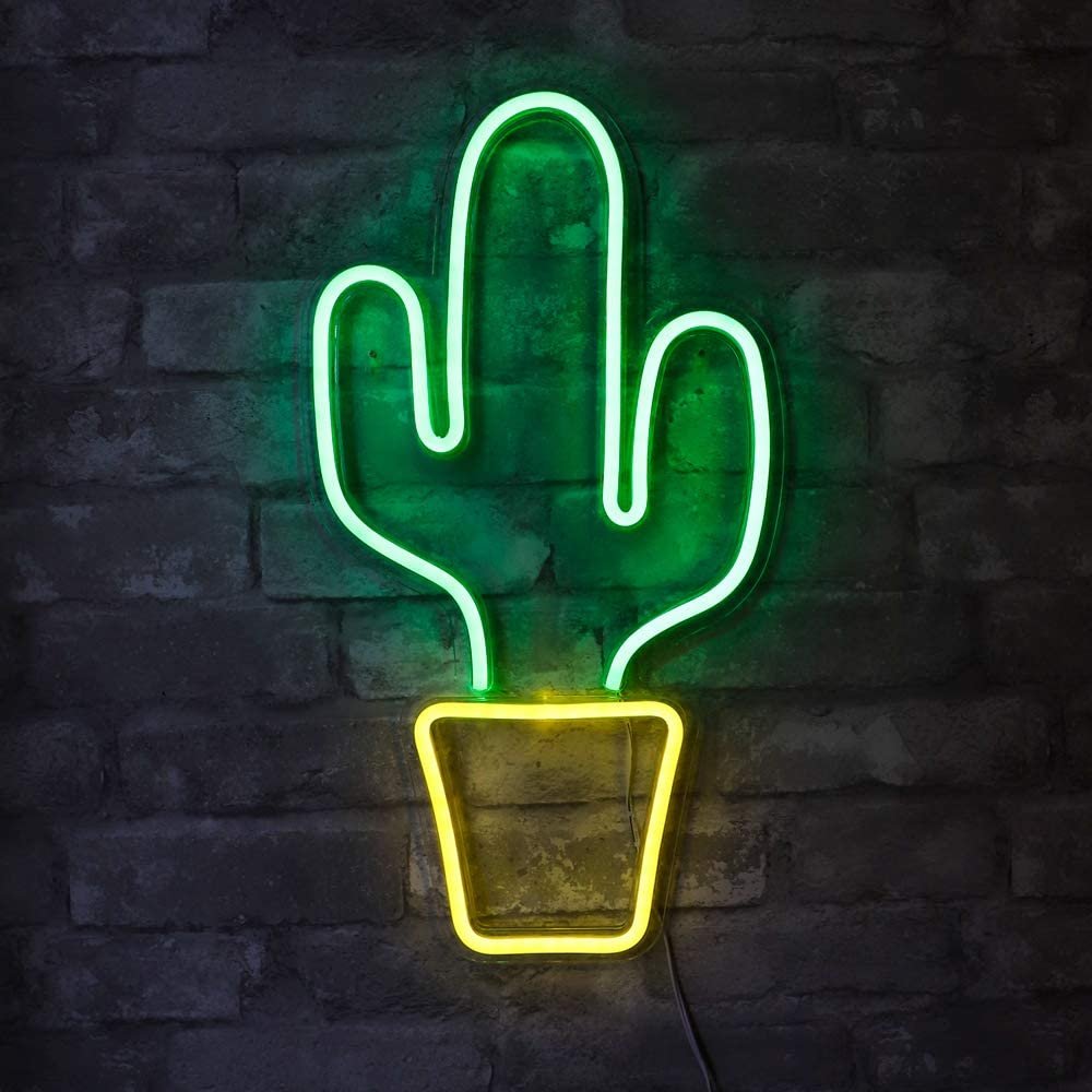 Isaac Jacobs 19” x 10” inch LED Neon Green Cactus with Yellow Planter