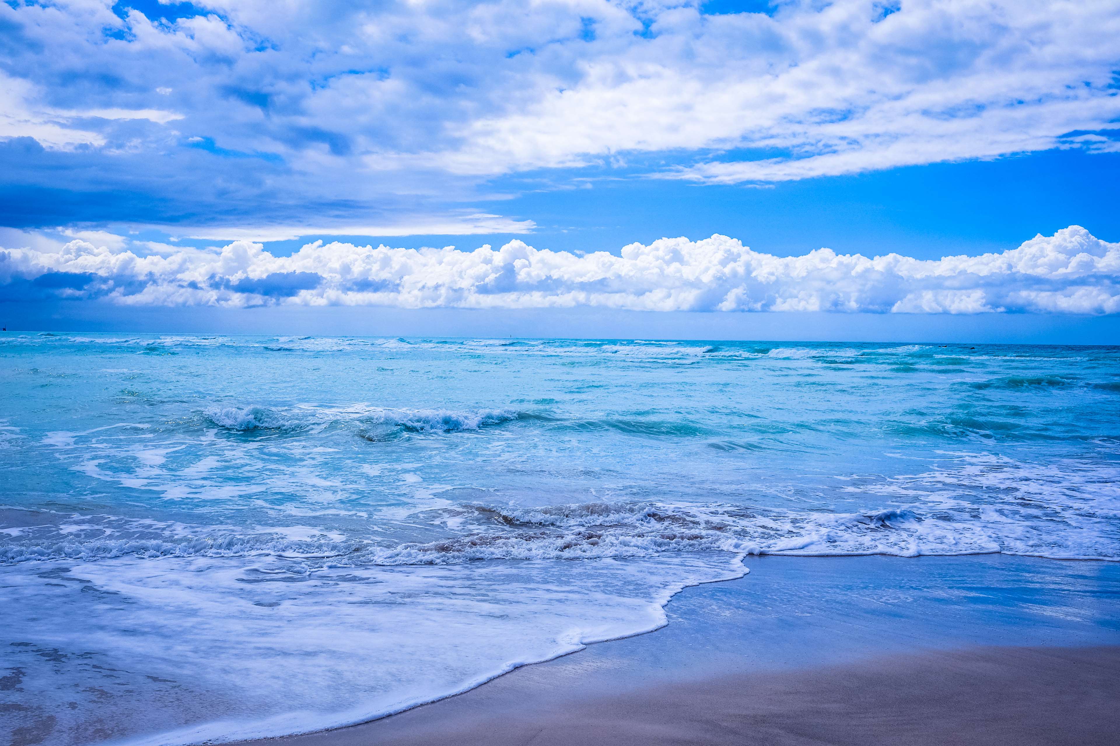 beach, blue sky, clouds, horizon, ocean, sea, seaside, water, waves 4k Gallery HD Wallpaper