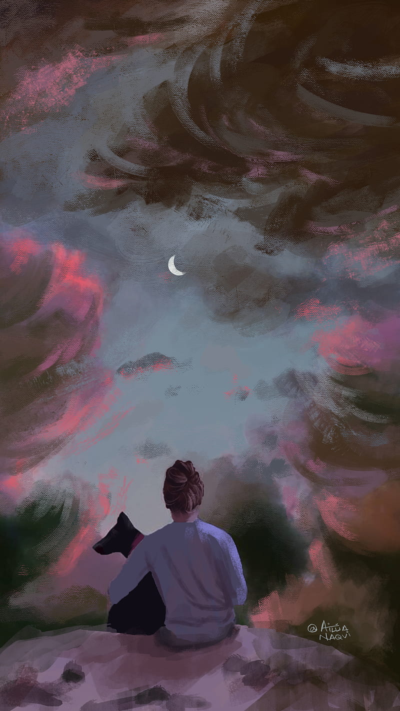 A digital painting of a person sitting on a rock with a dog, looking at the sky. - Art