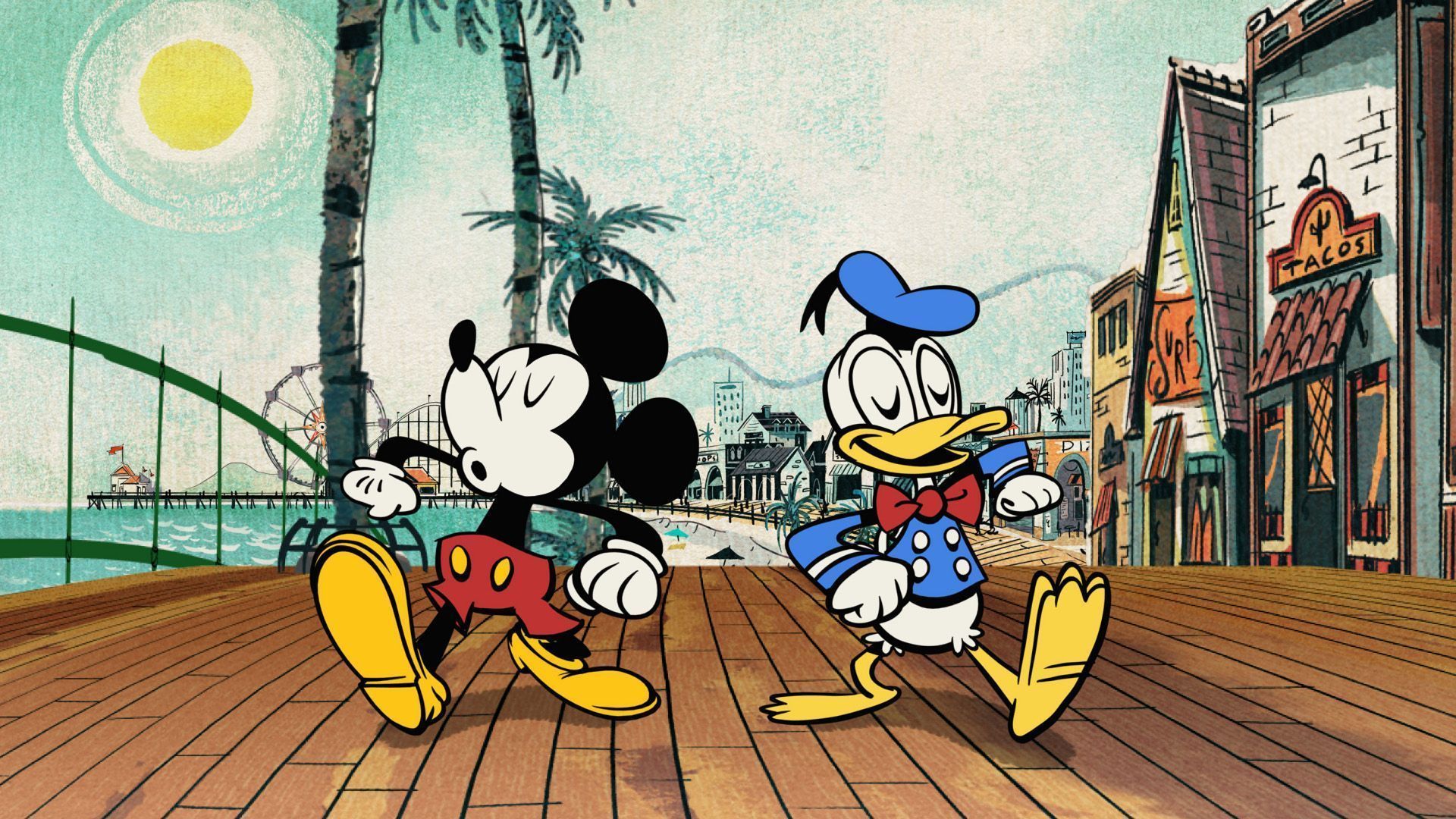 Mickey Mouse and Donald Duck walk down a boardwalk in a scene from 
