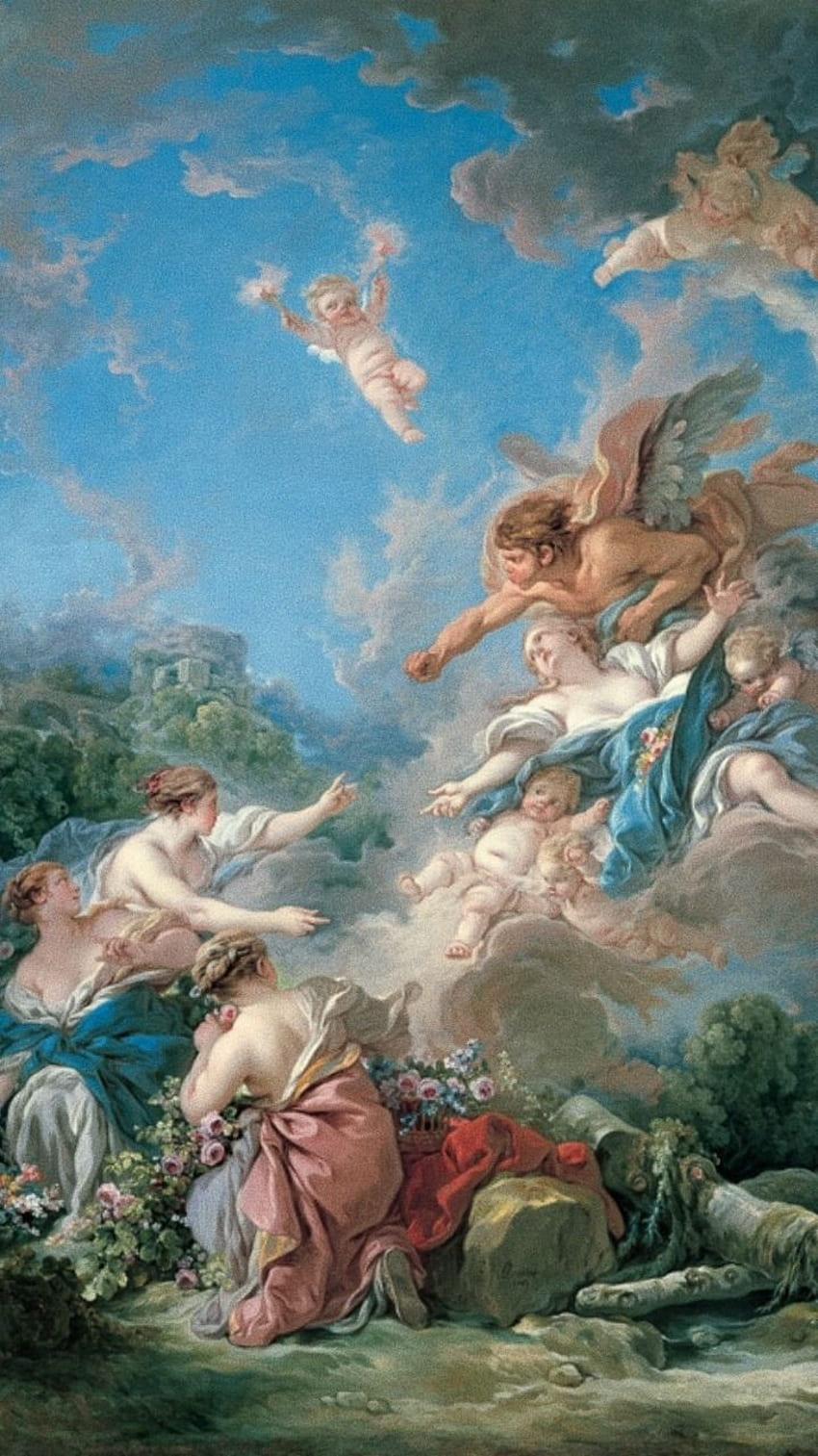 A painting of angels and people in the sky - Art