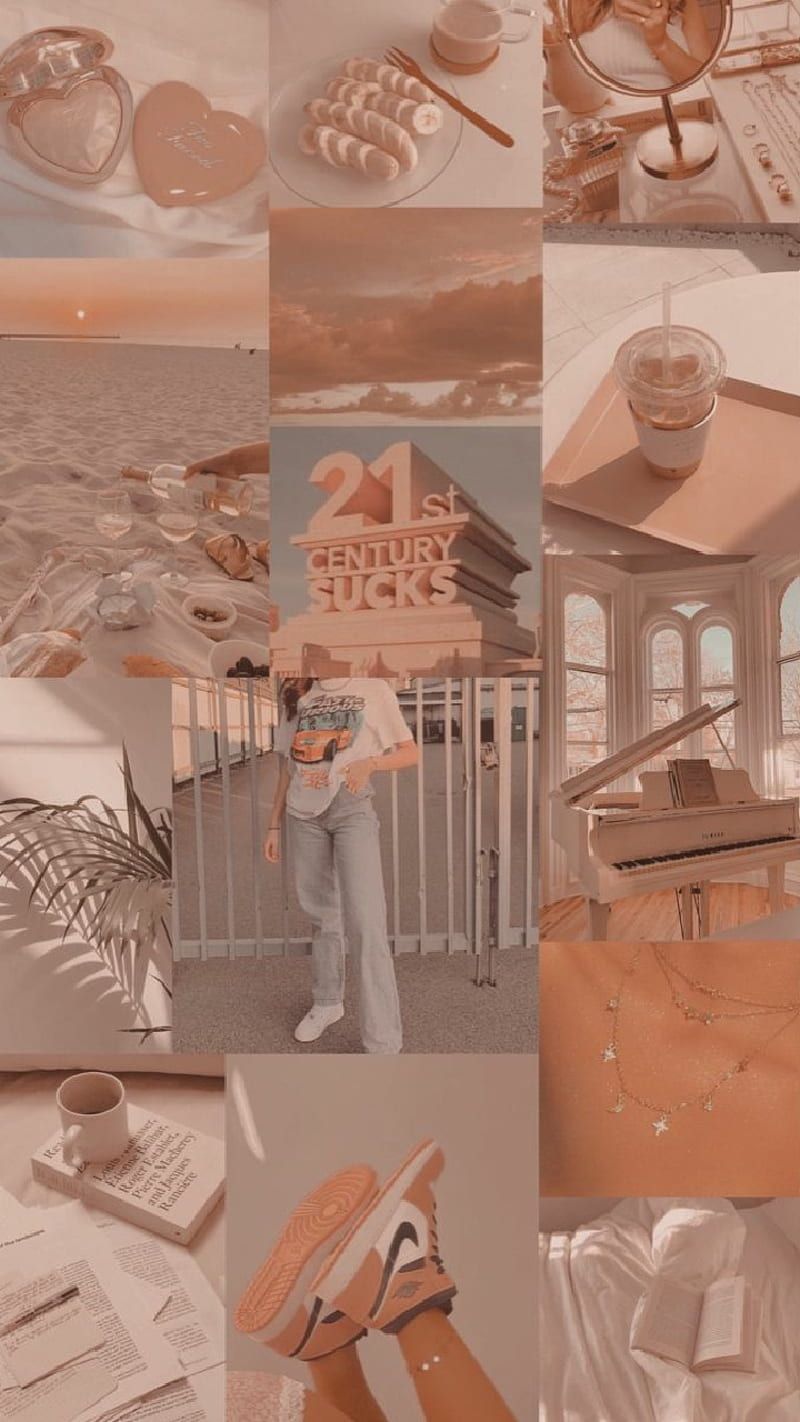 A collage of photos including a woman in a white shirt, a sunset, a piano, and a cup of coffee. - Art, light pink