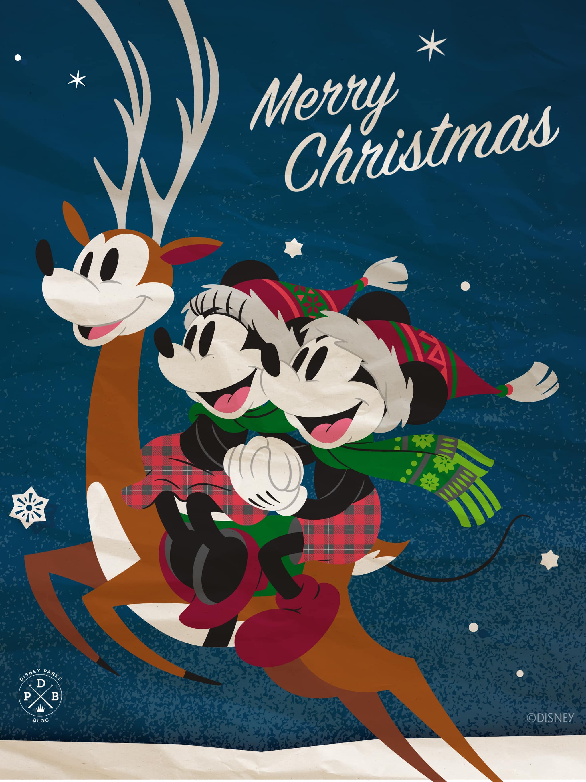 Mickey and Minnie Mouse ride a reindeer in a Disney Christmas card. - Mickey Mouse, Minnie Mouse