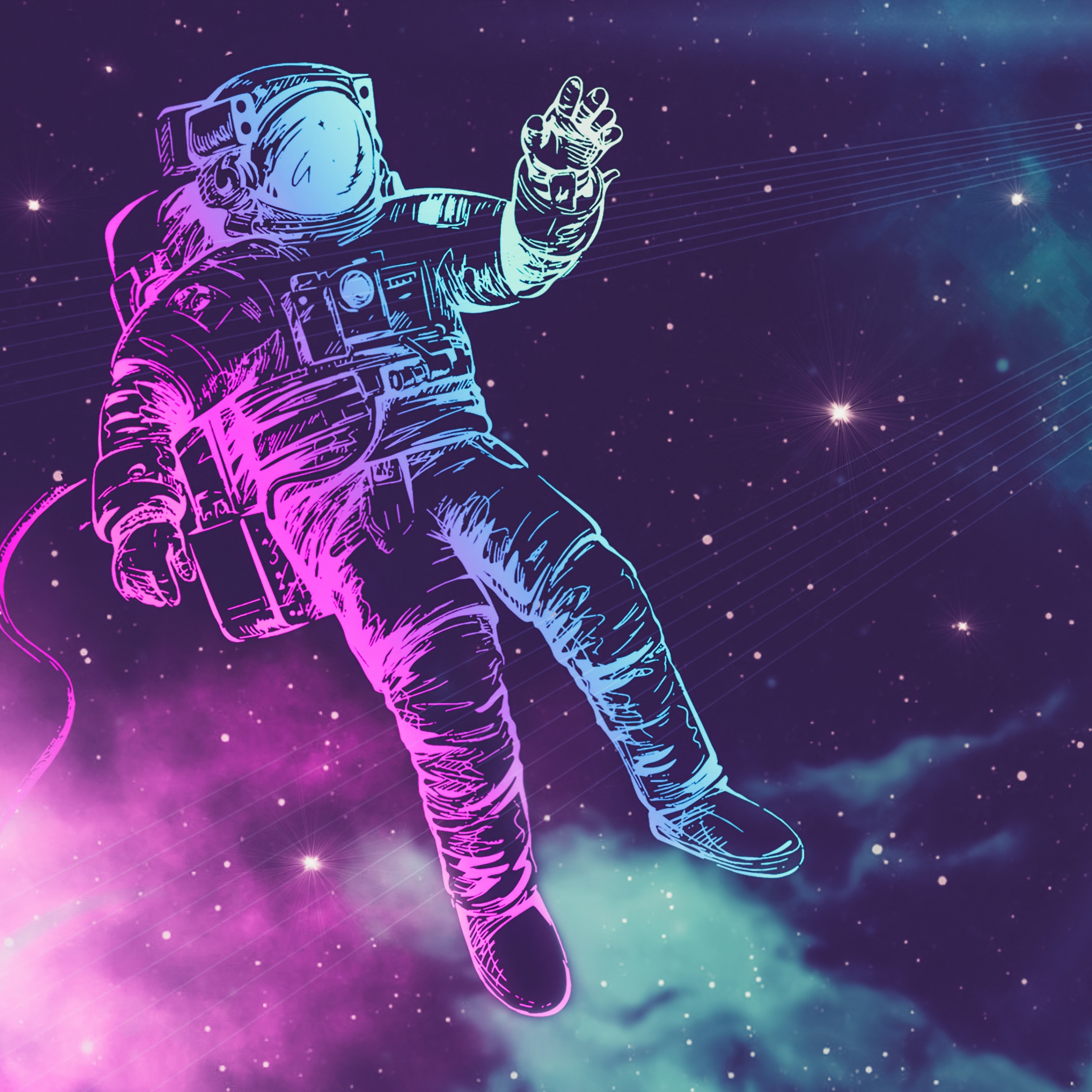 Astronaut Wallpaper 4K, Space suit, Neon, Stars, Space