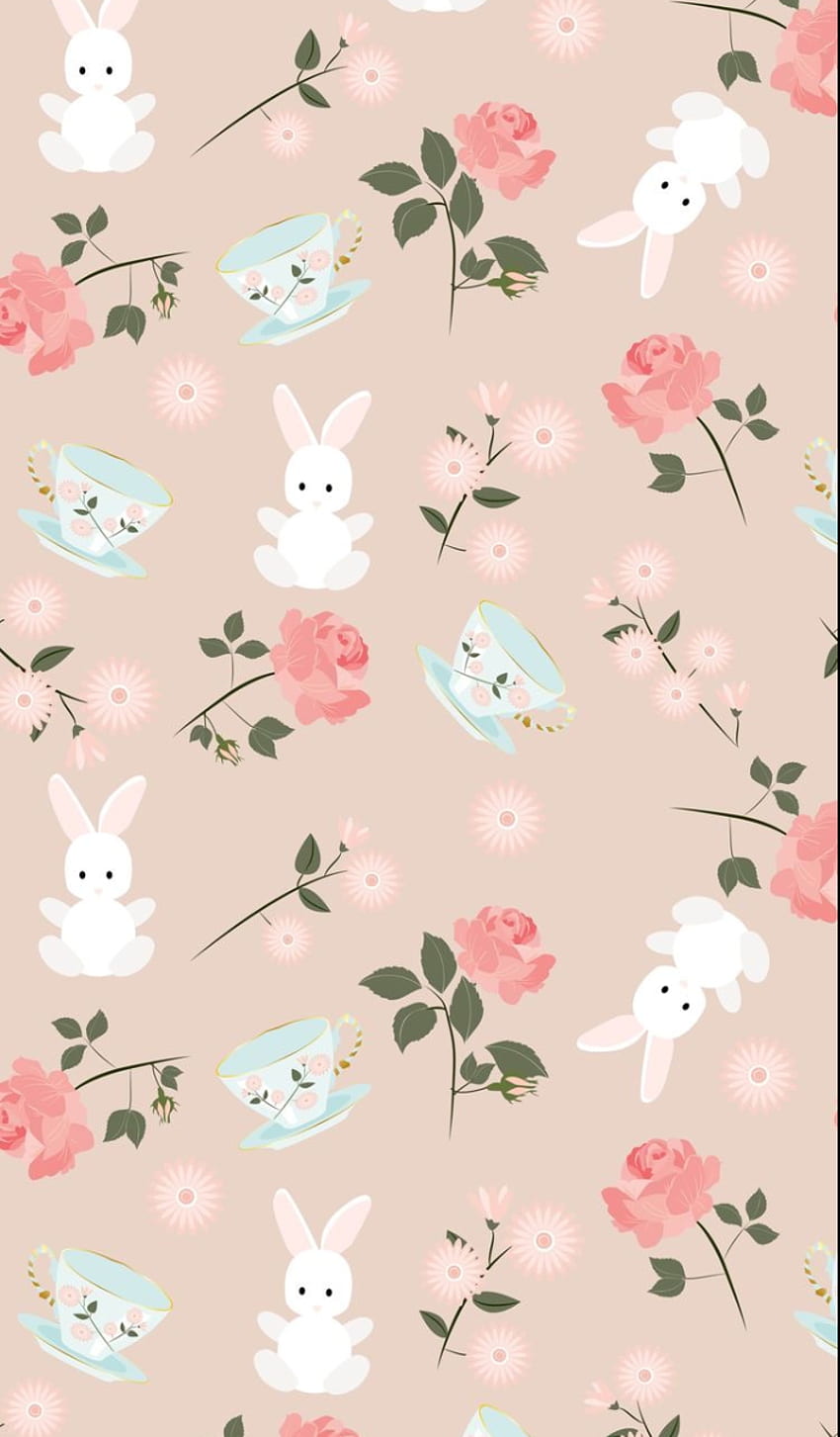 Cute Easter wallpaper with bunnies and flowers on a pink background. Perfect for iPhone, iPad, and desktop. - Easter
