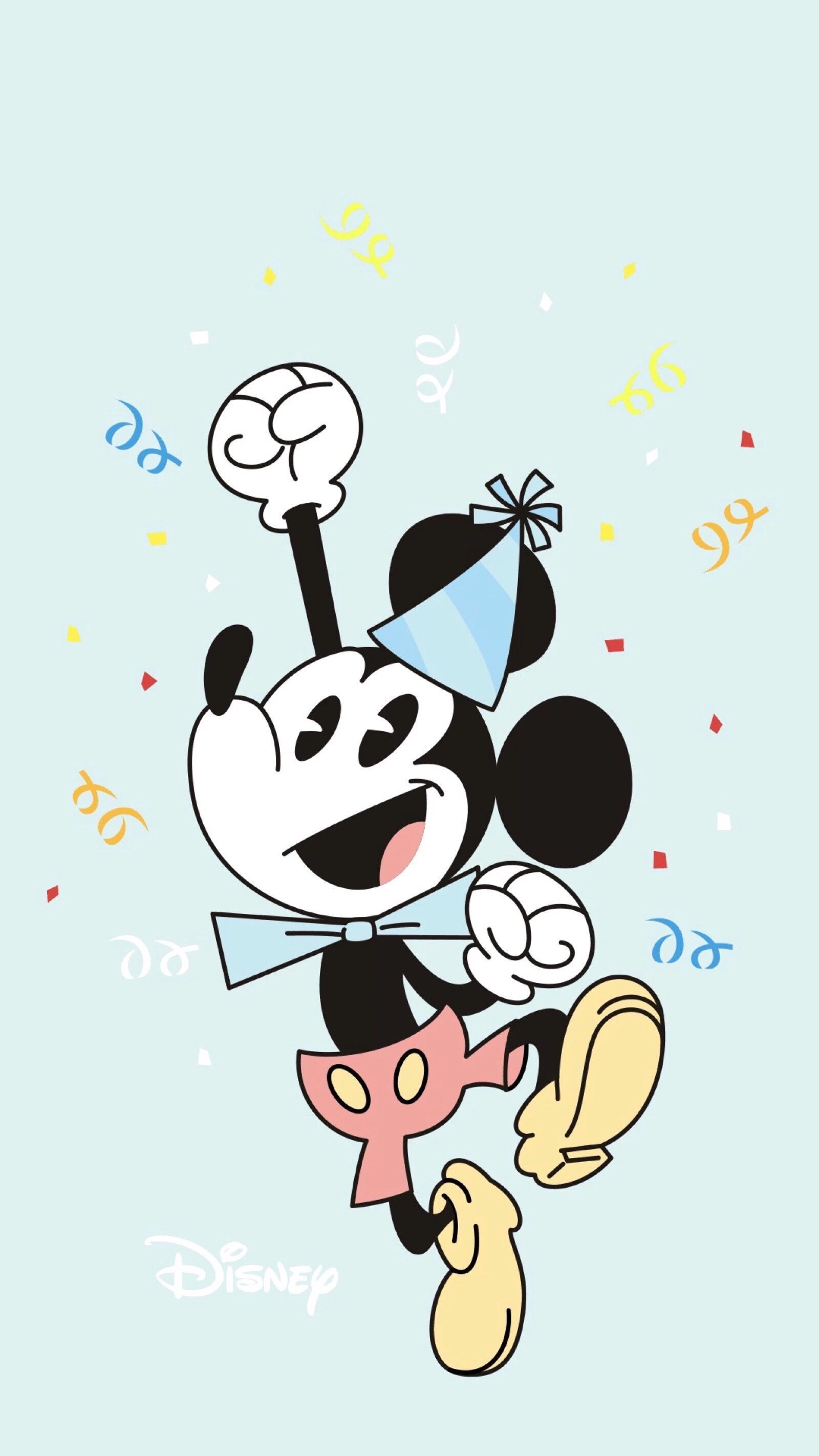 A cartoon character with party hat and confetti - Mickey Mouse