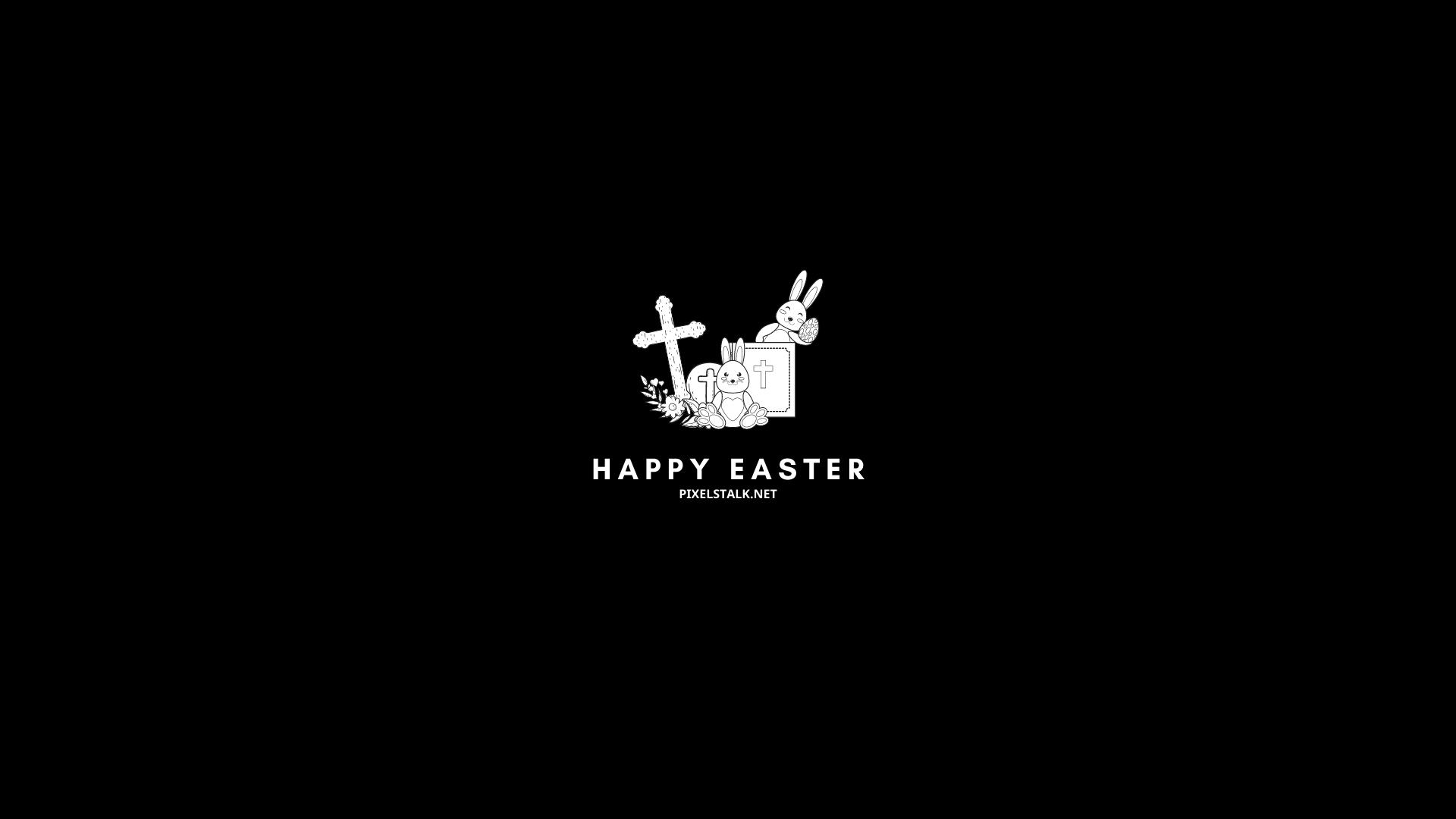 A black and white Easter wallpaper with a simple design of a cross, a rabbit, and two eggs. - Easter
