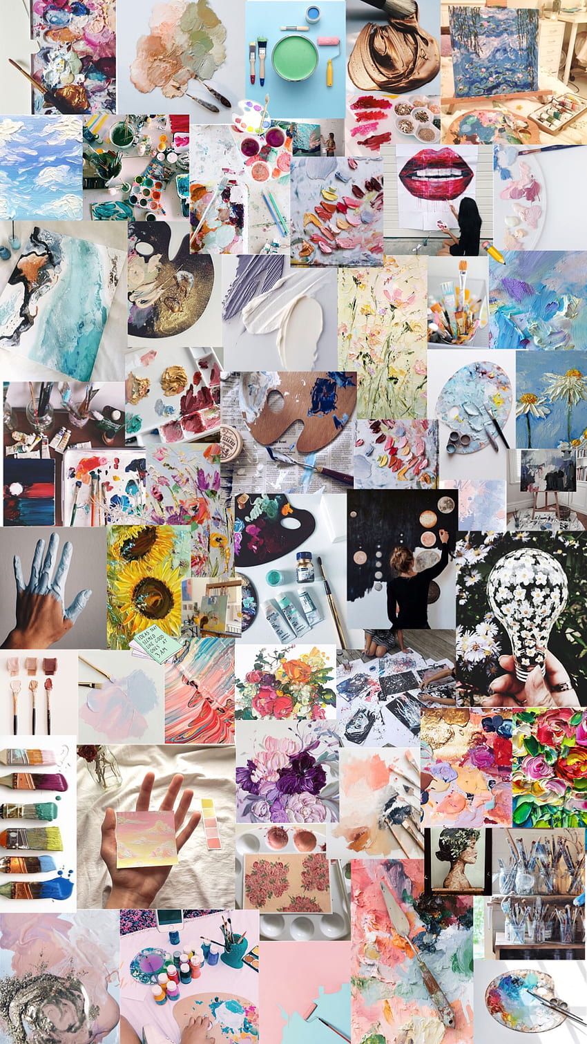 A collage of art supplies and paintings. - Easter