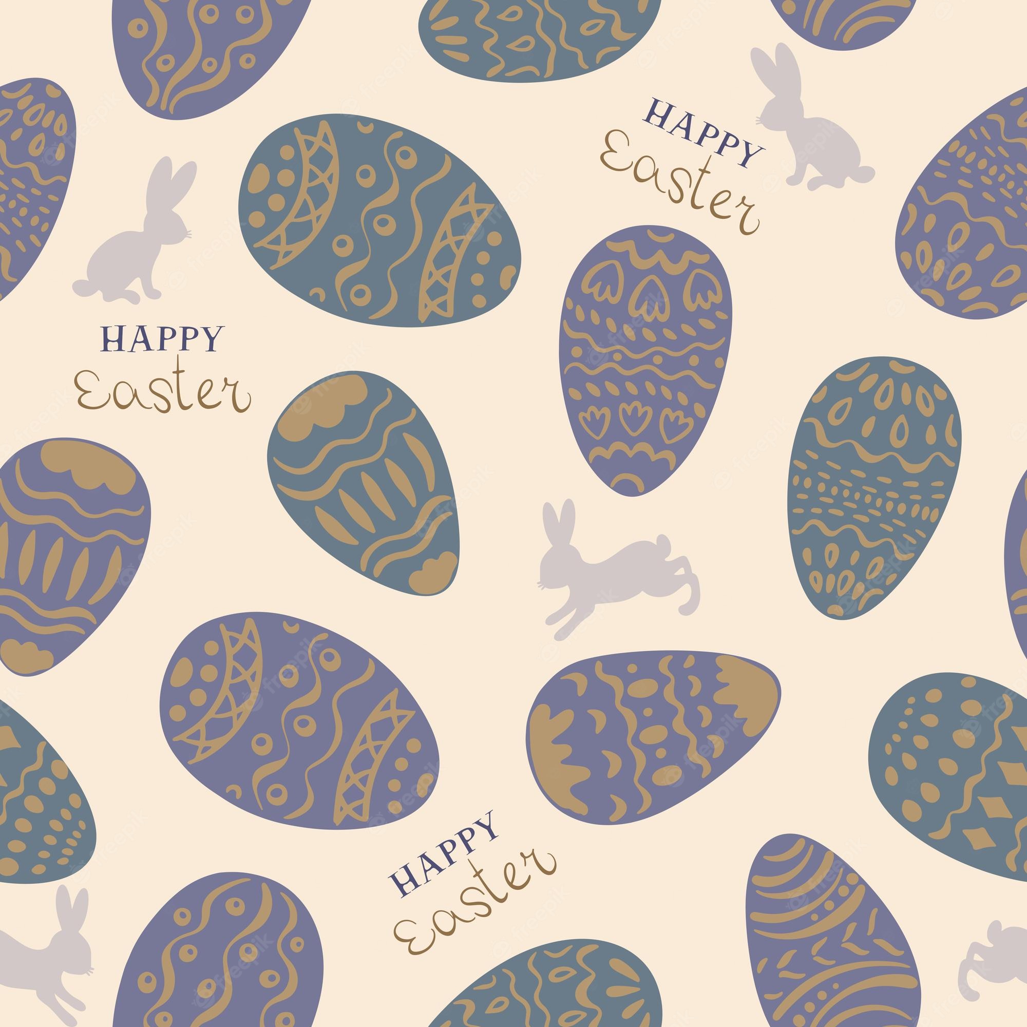 Premium Vector. Seamless pattern for the easter holiday purple and green eggs painted with patterns on beige background rabbits and happy easter inscriptions for easter cards banner textiles wallpaper vector