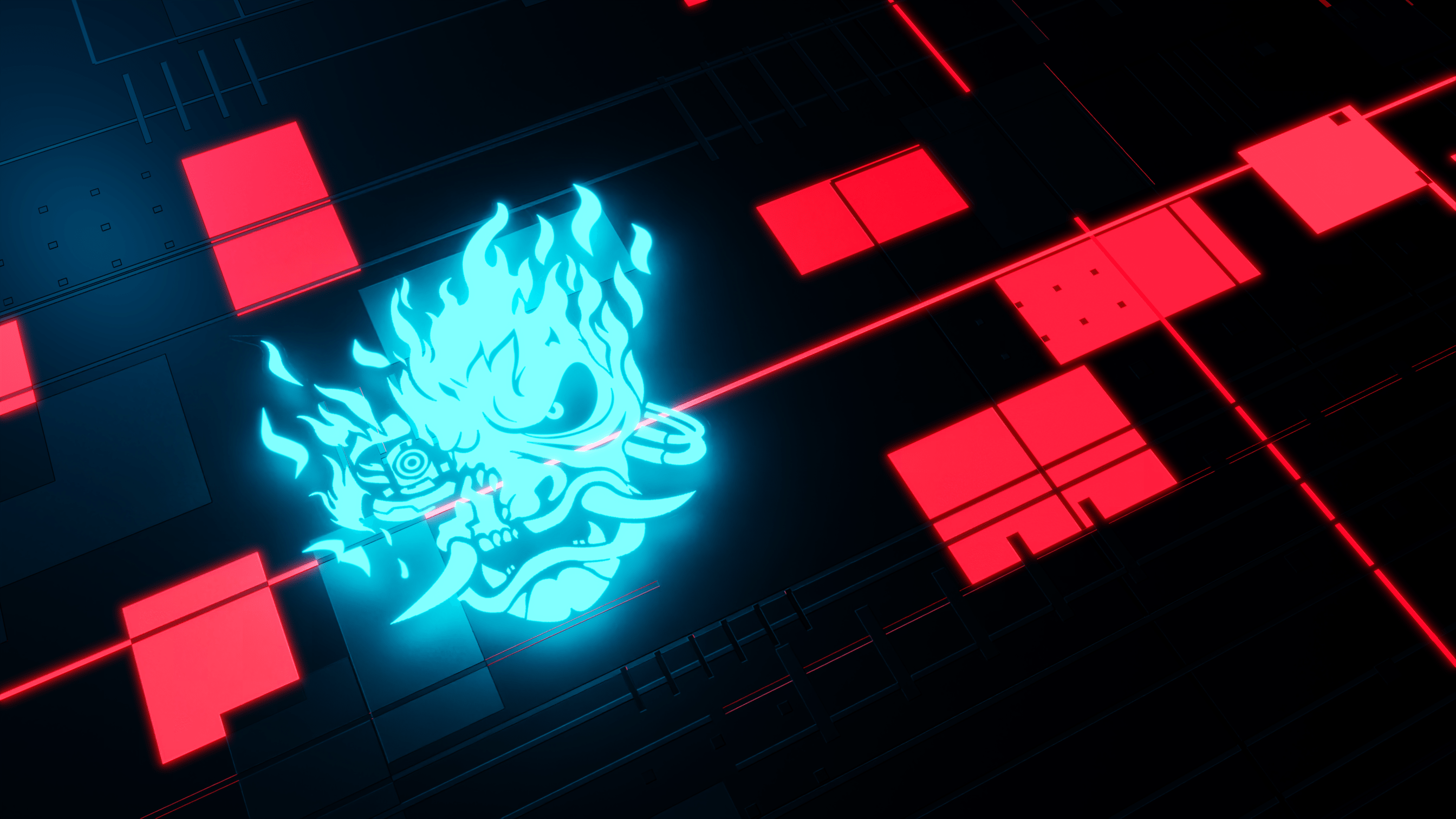 A blue fire demon on a red and black background - Cyberpunk