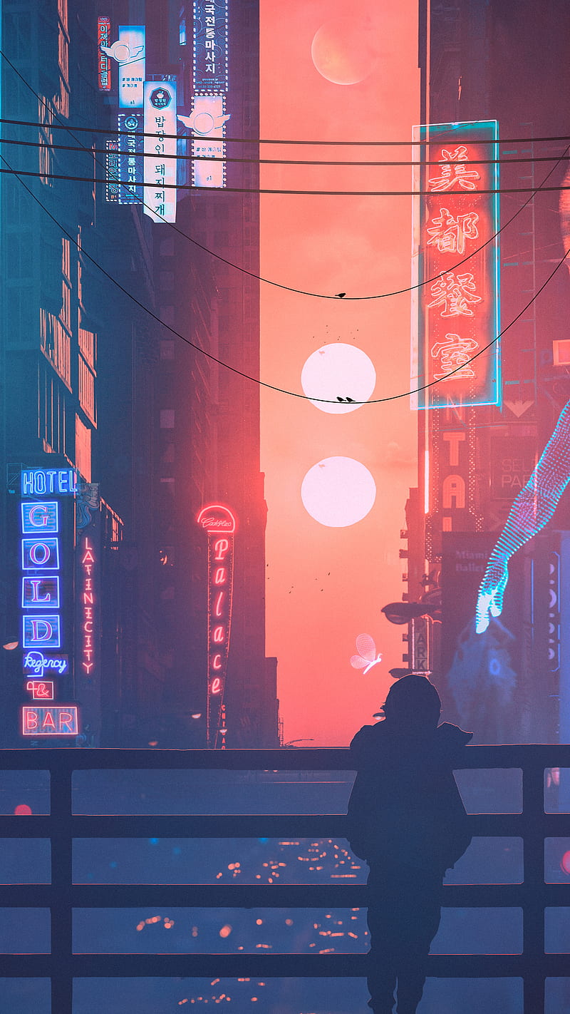 A person walking in a city with neon lights - Cyberpunk