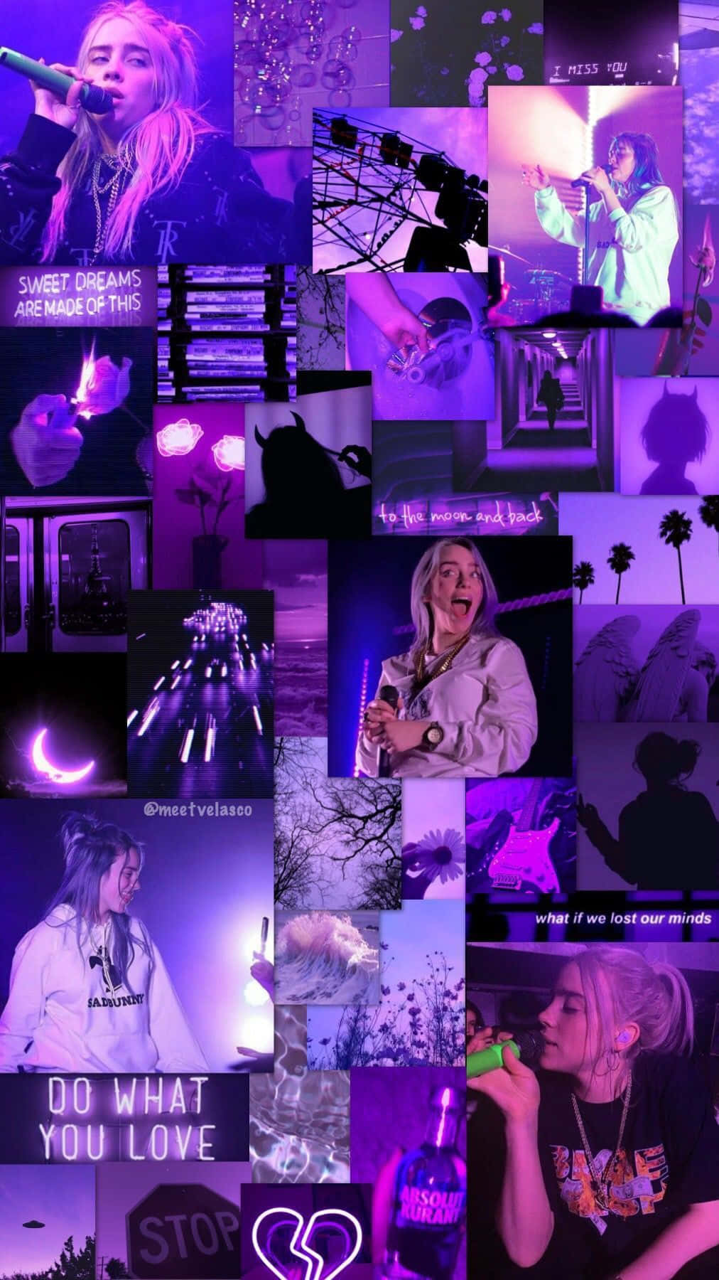 A collage of pictures with purple backgrounds - Billie Eilish