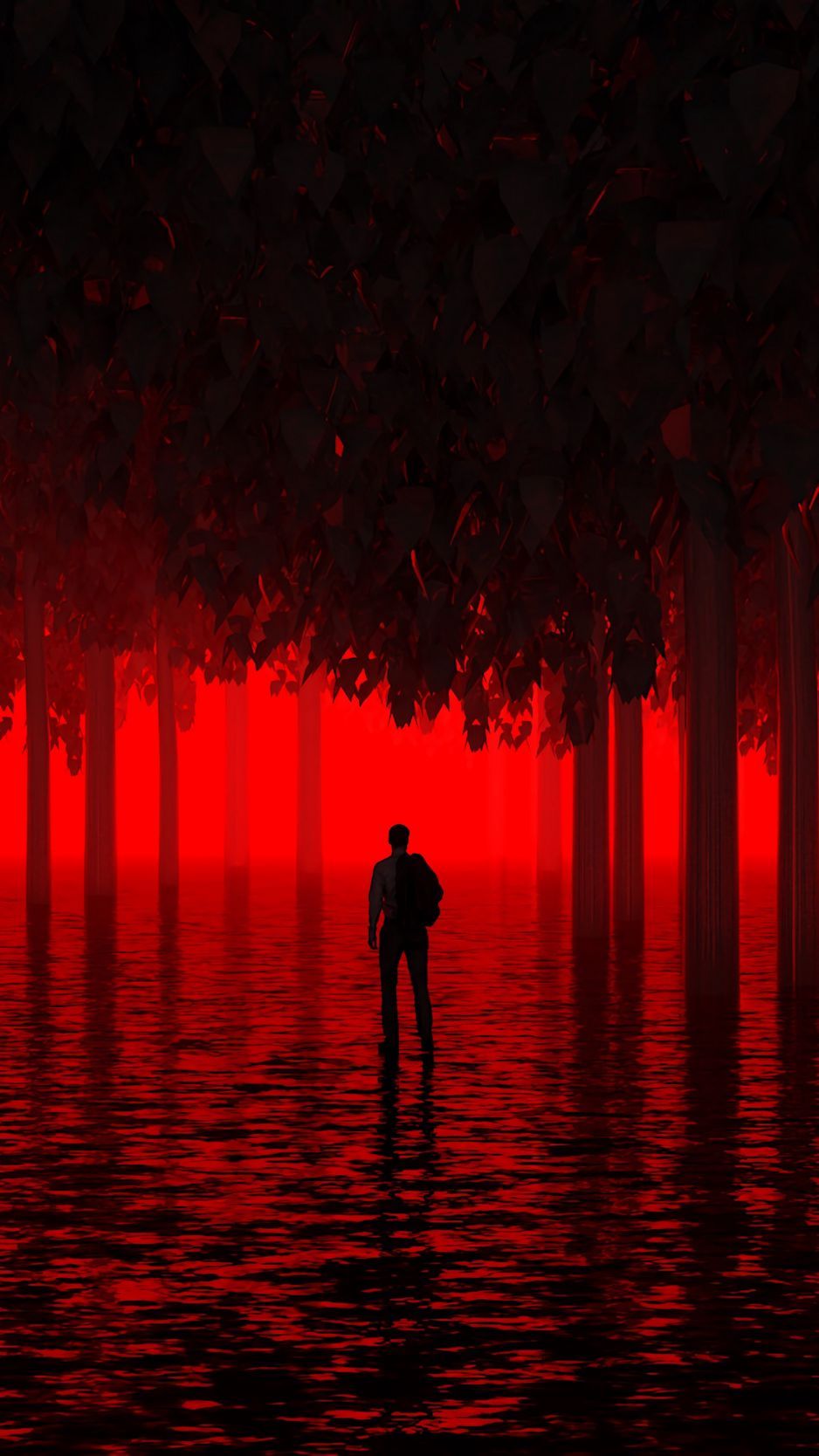 A man standing in the water with trees behind him - Light red