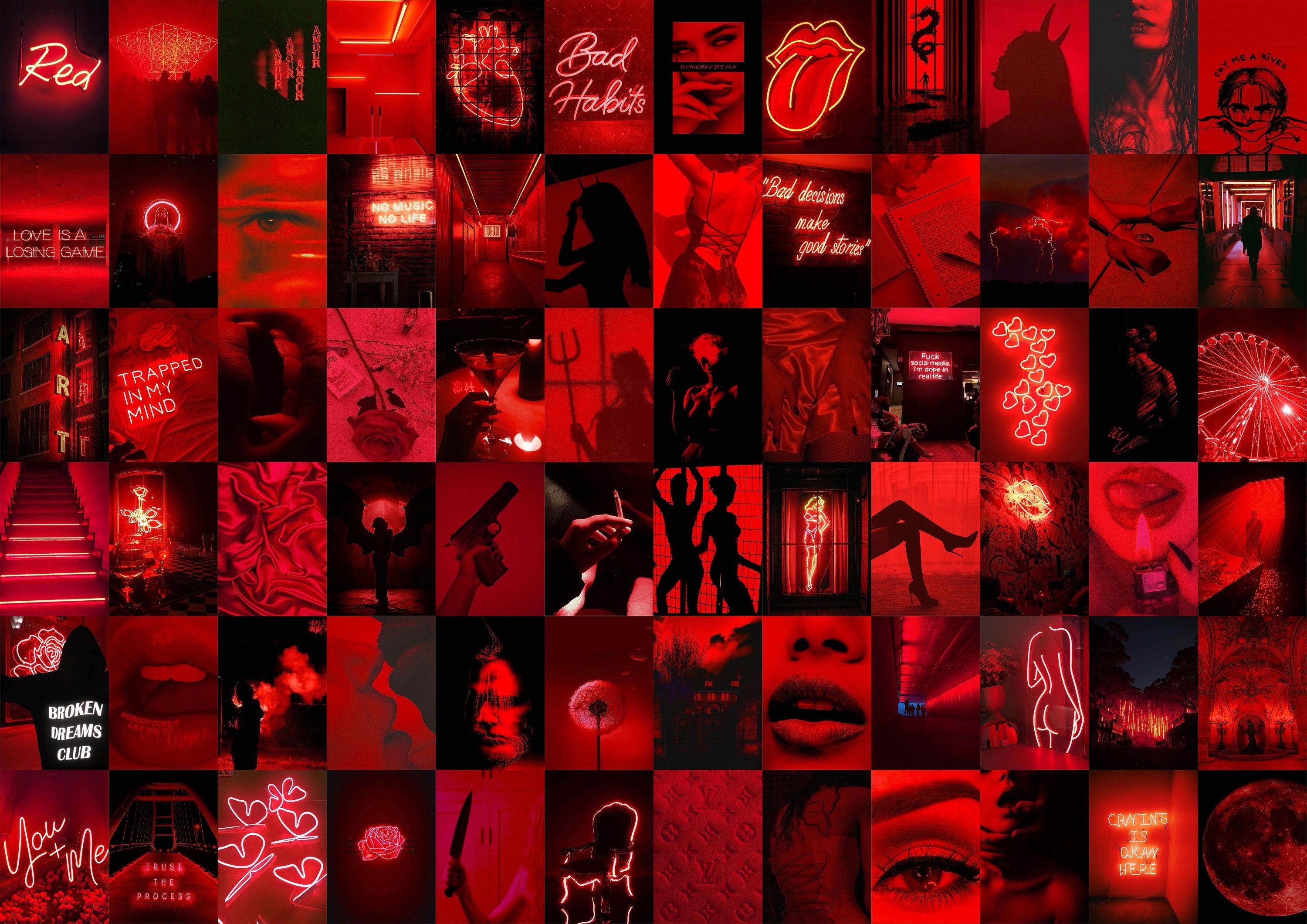Red aesthetic collage background for phone or desktop. - Neon red