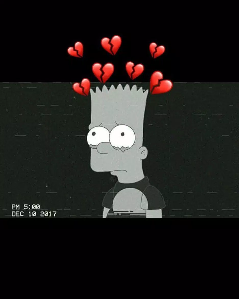 A black and white photo of Bart Simpson with red hearts above his head. - The Simpsons, depressing
