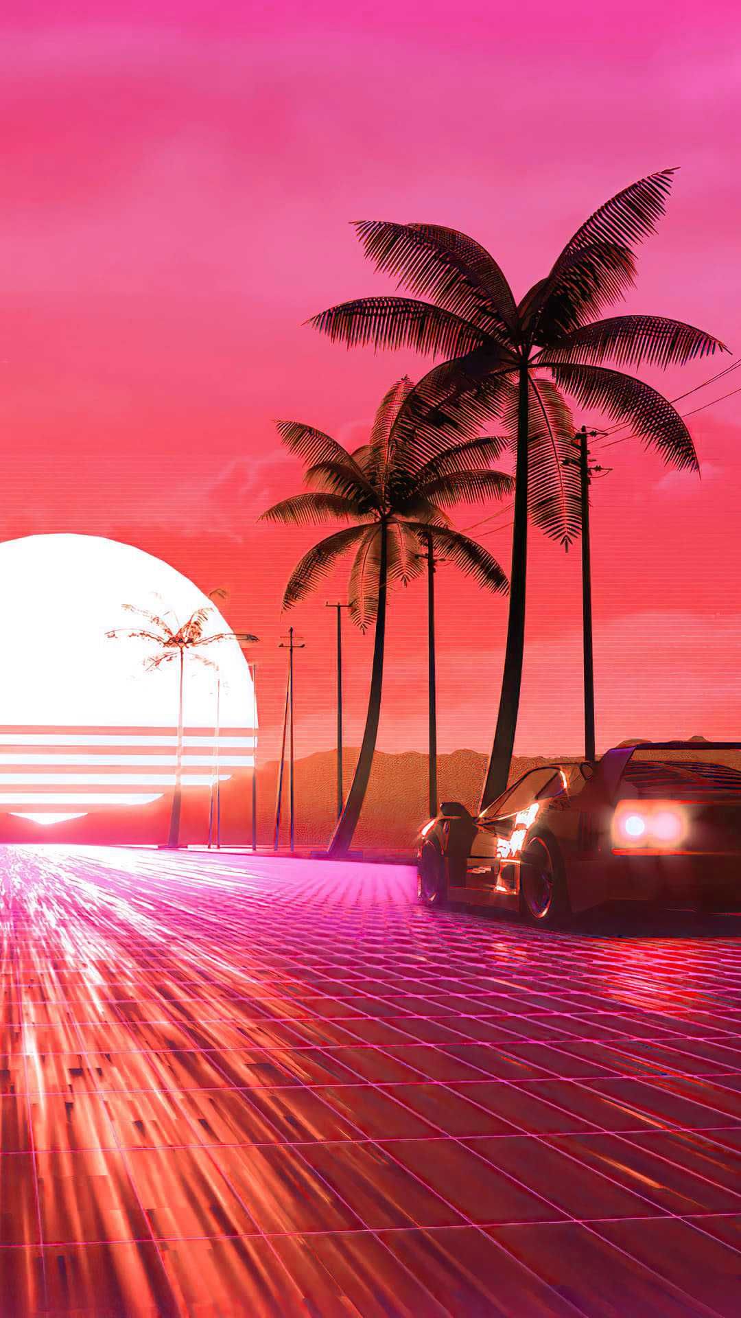 A retro futuristic car driving on the road with palm trees - Vaporwave