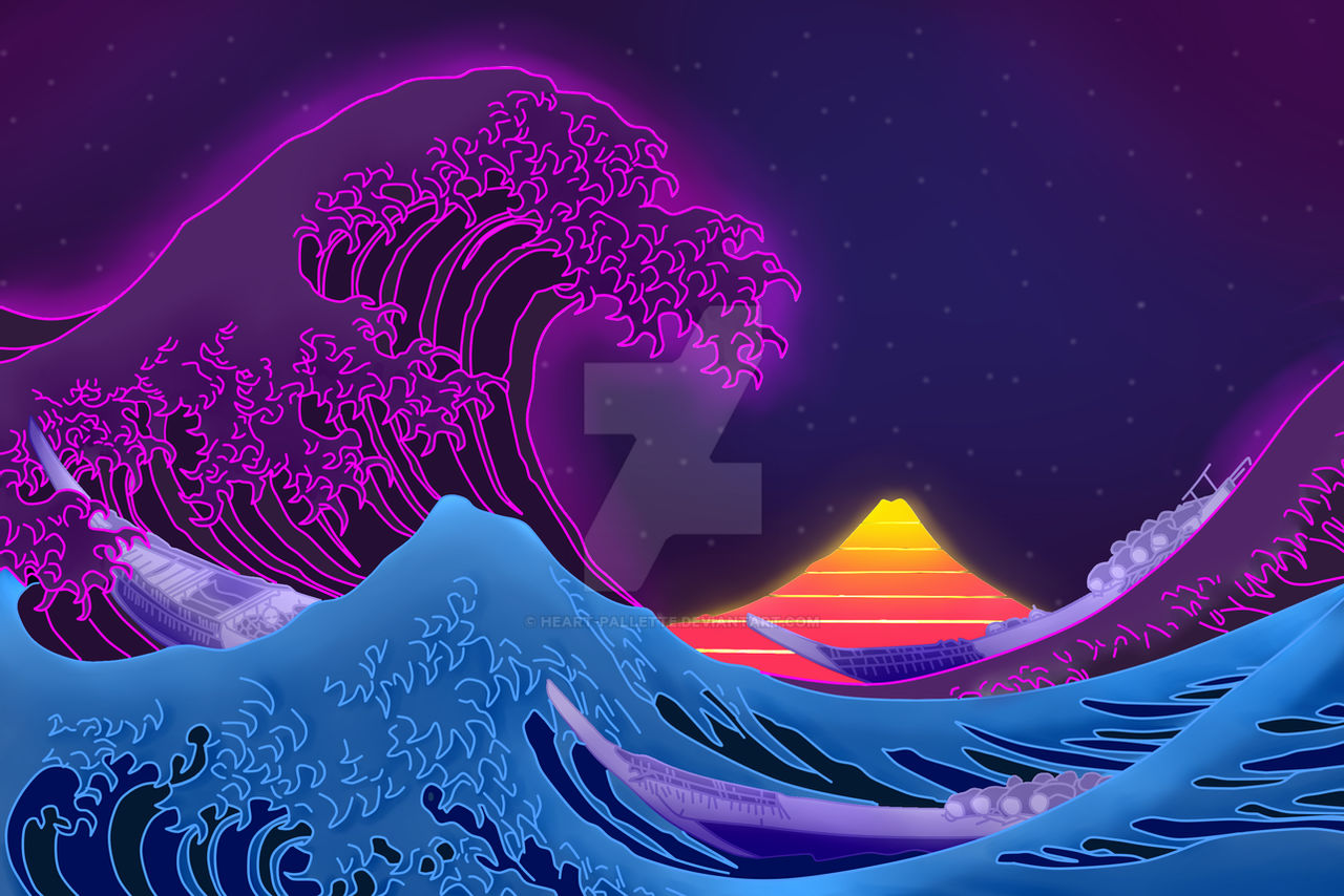 The Great Wave off Kanagawa with a pyramid and a boat - Vaporwave, synthwave