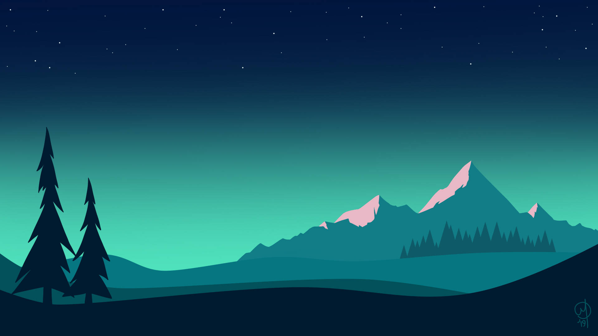 A minimalist night time mountain landscape wallpaper with a green forest and pink mountains - Clean