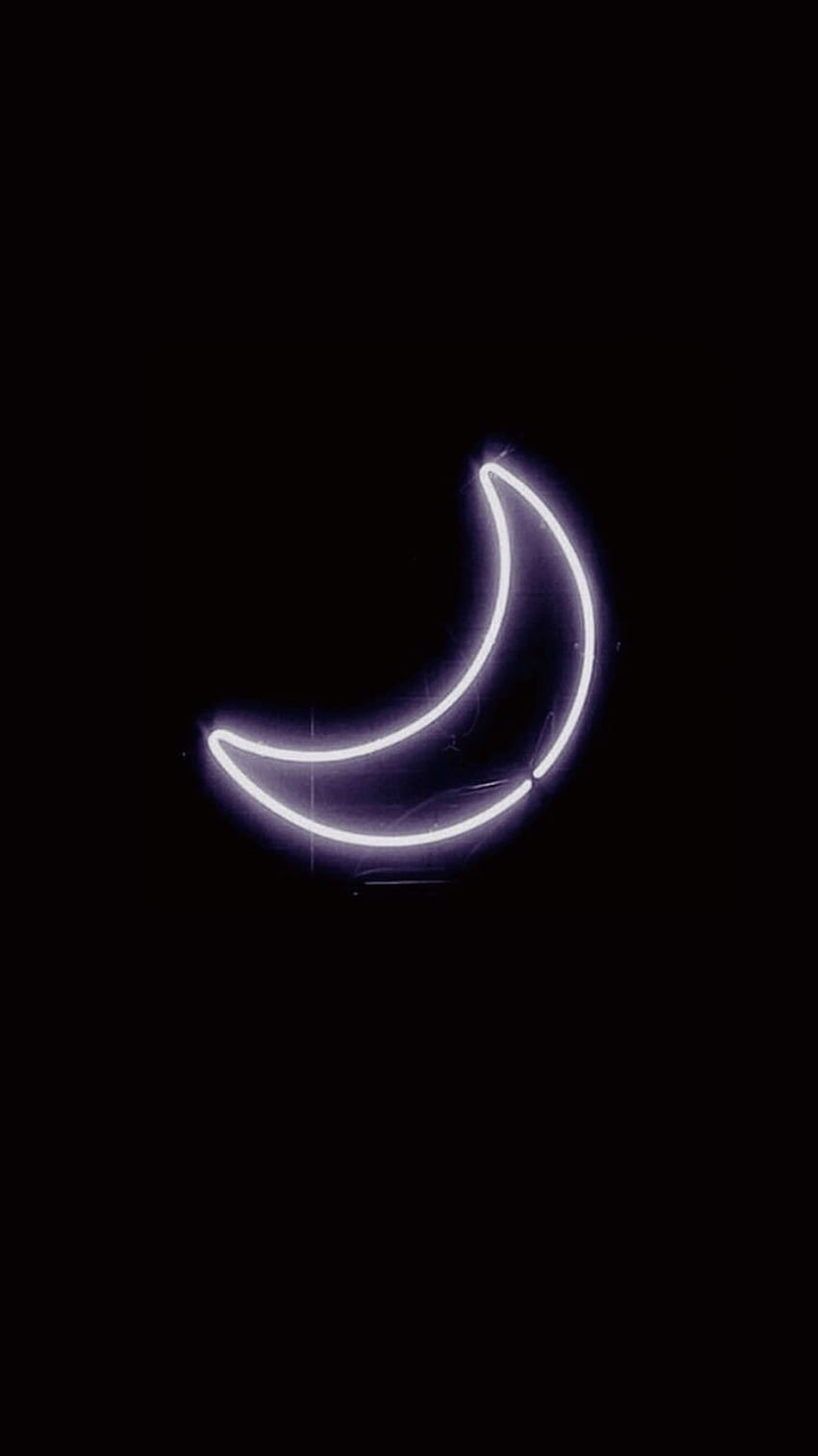 Aesthetic wallpaper purple neon moon on a black background - Moon