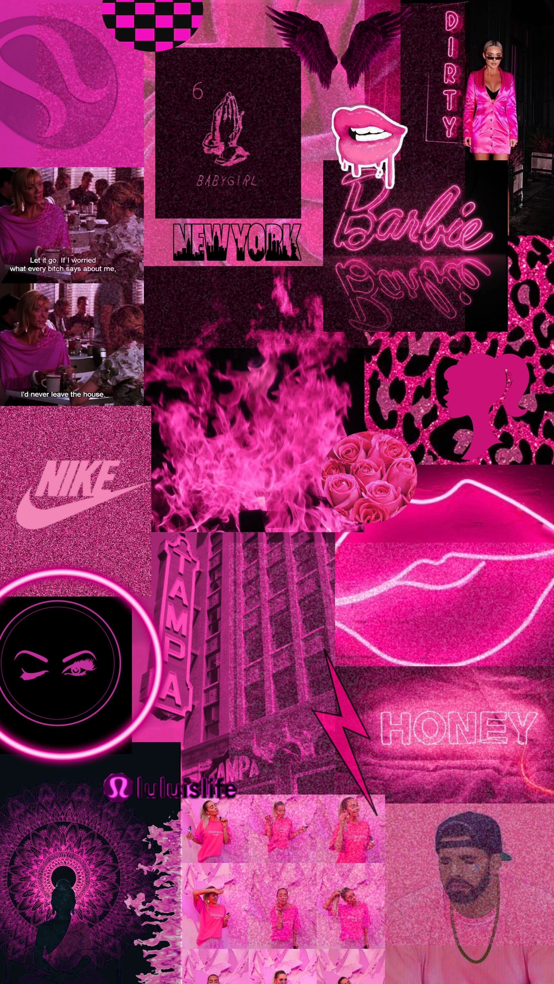 A collage of pictures with pink backgrounds - Pink, neon pink, pink collage, Barbie, lips, magenta