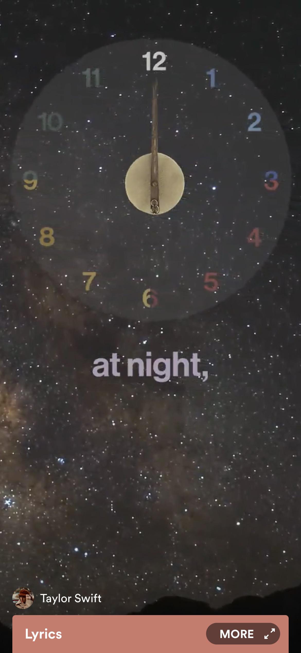 A clock with the time set to 12:34 is shown against a starry background. - Spotify