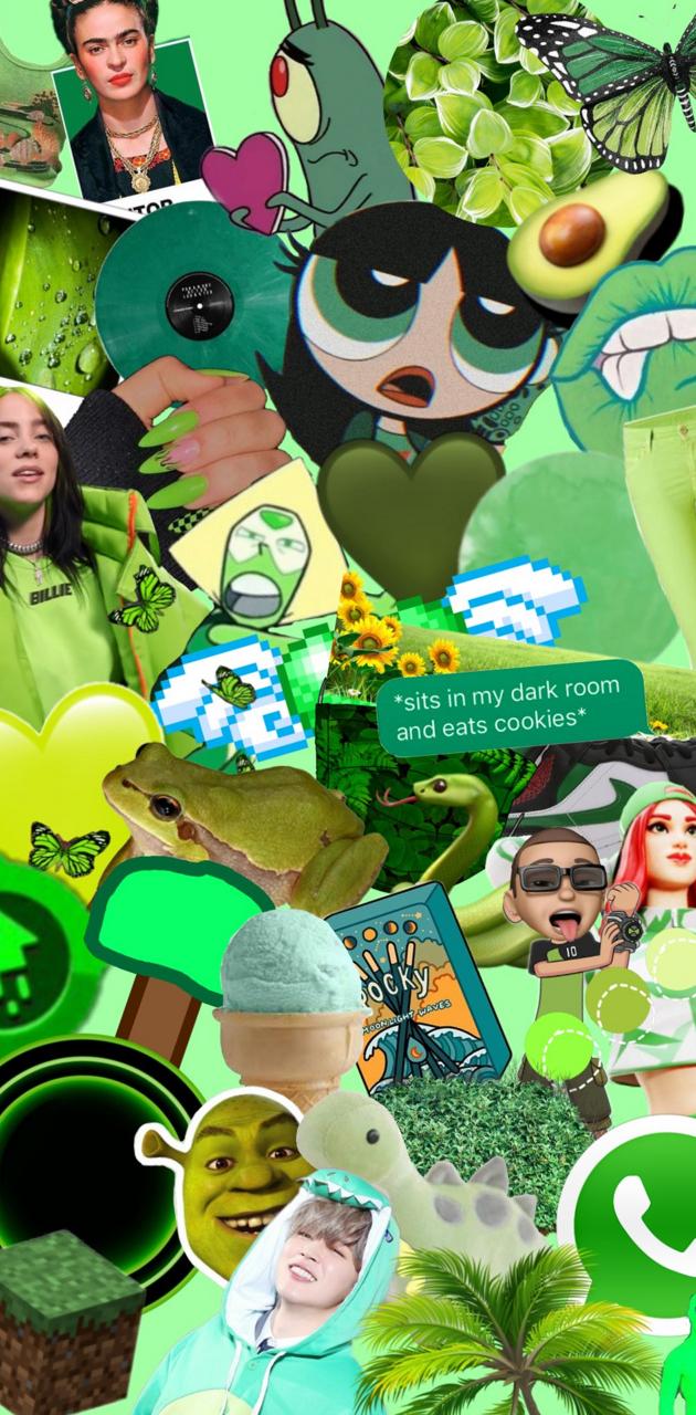 A collage of green and white images including avocado, cookie, and a cupcake. - Green, Shrek