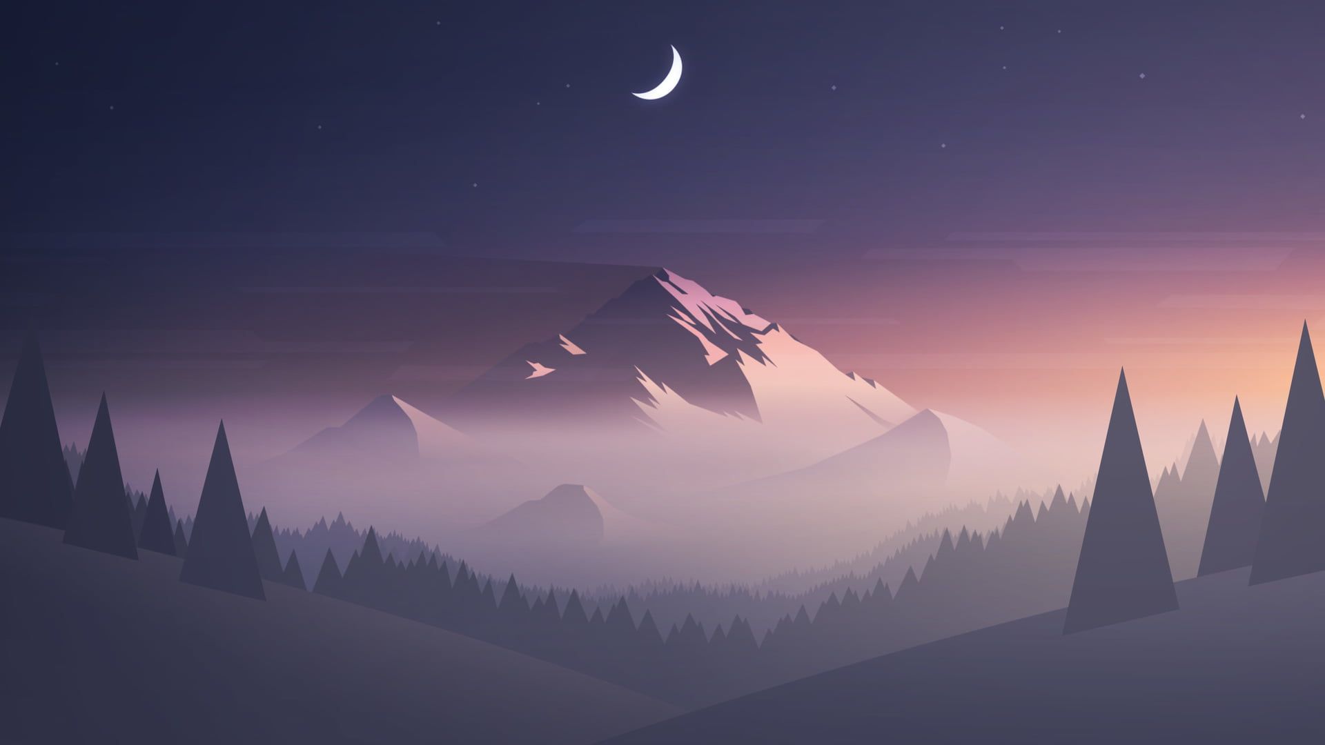A mountain with trees and the moon in it - Mountain
