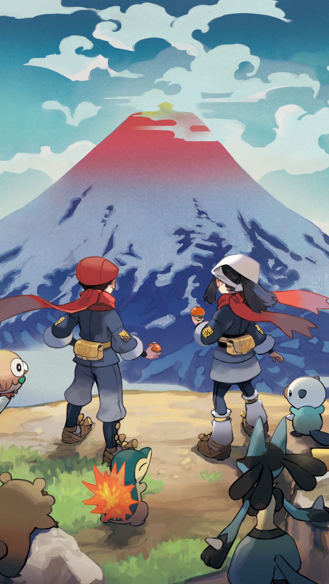 A couple of people standing in front - Pokemon