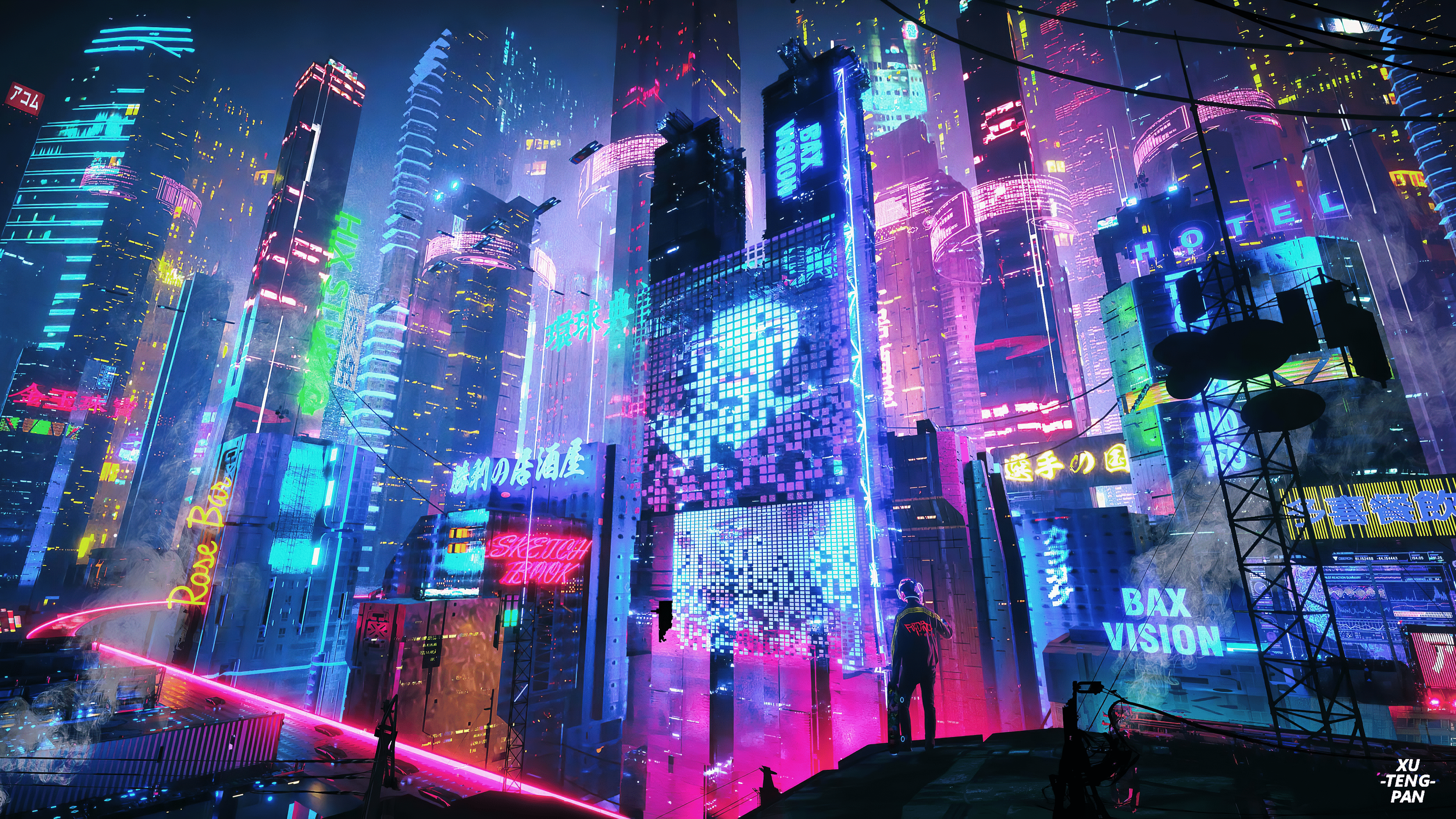 A Cyberpunk city at night with a person standing on a rooftop - 3840x2160, Cyberpunk
