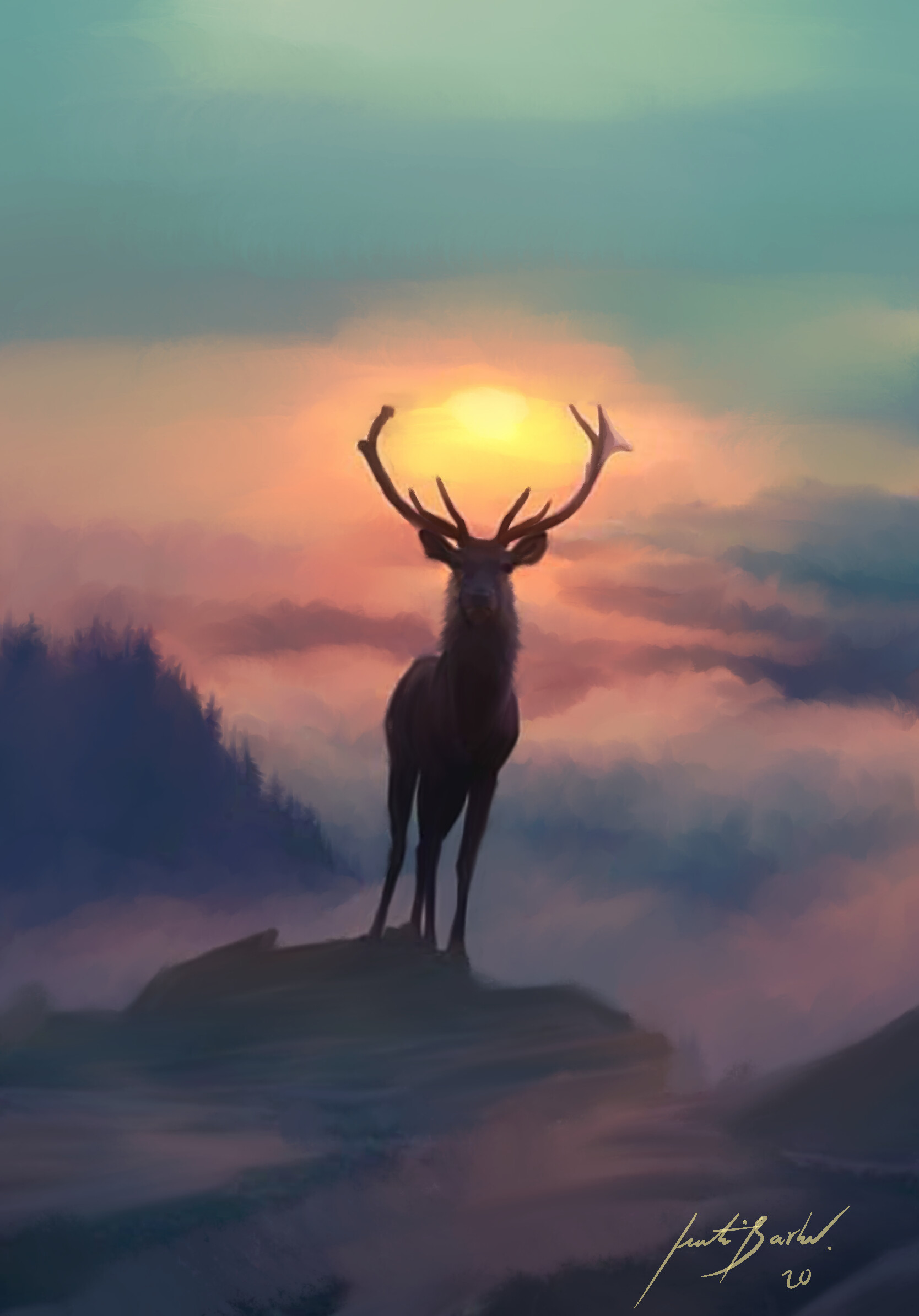 Digital painting of a deer standing on a hill at sunset - Deer