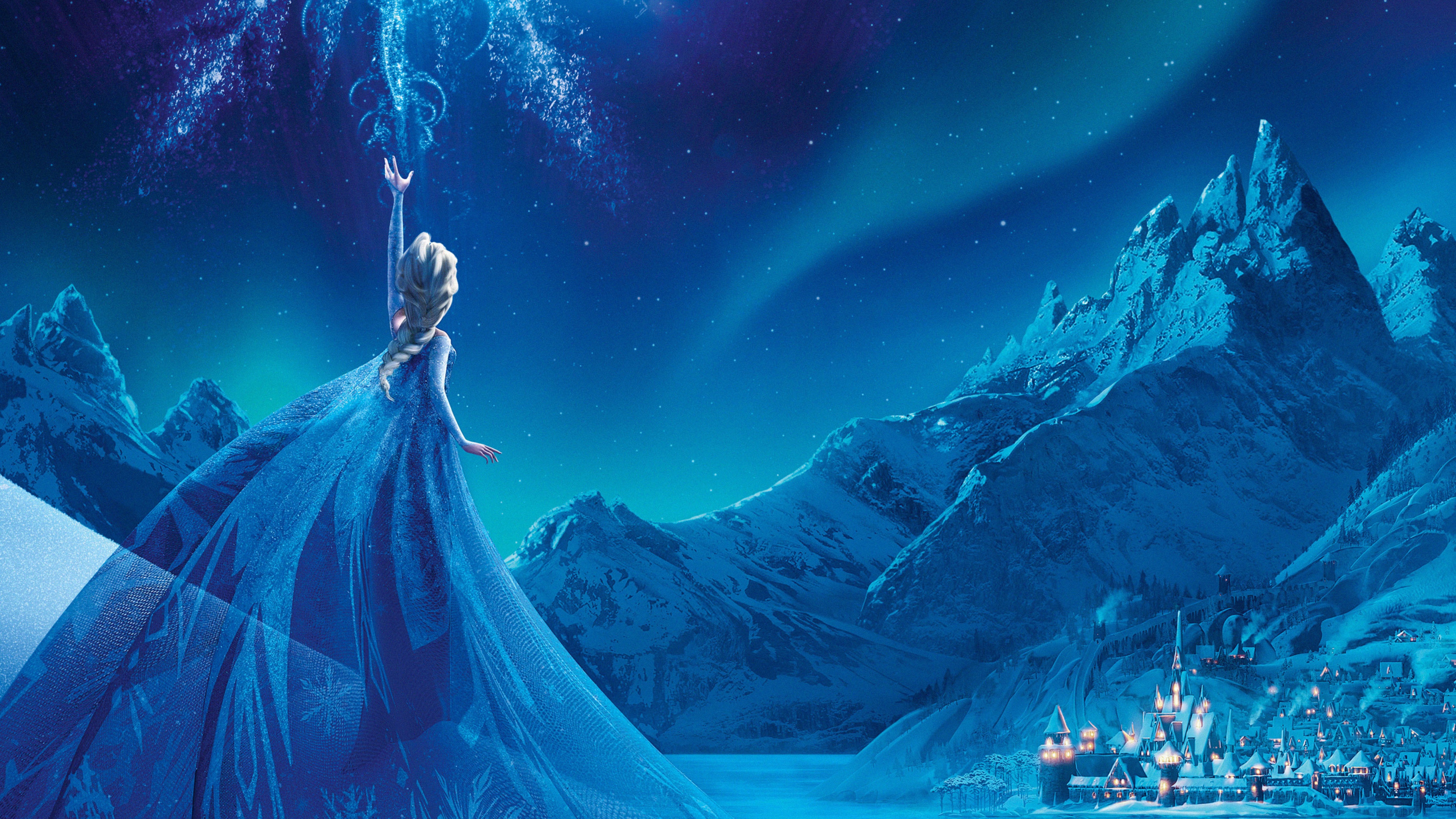 Elsa from Frozen standing on a cliff looking at the Northern Lights - Elsa