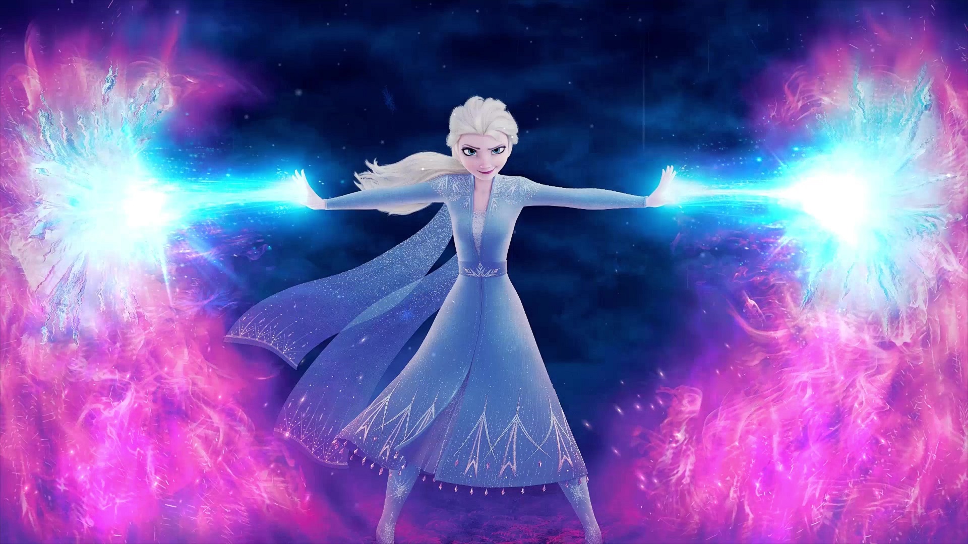 Elsa with her arms outstretched, in a blue dress, in front of a pink and blue background - Elsa