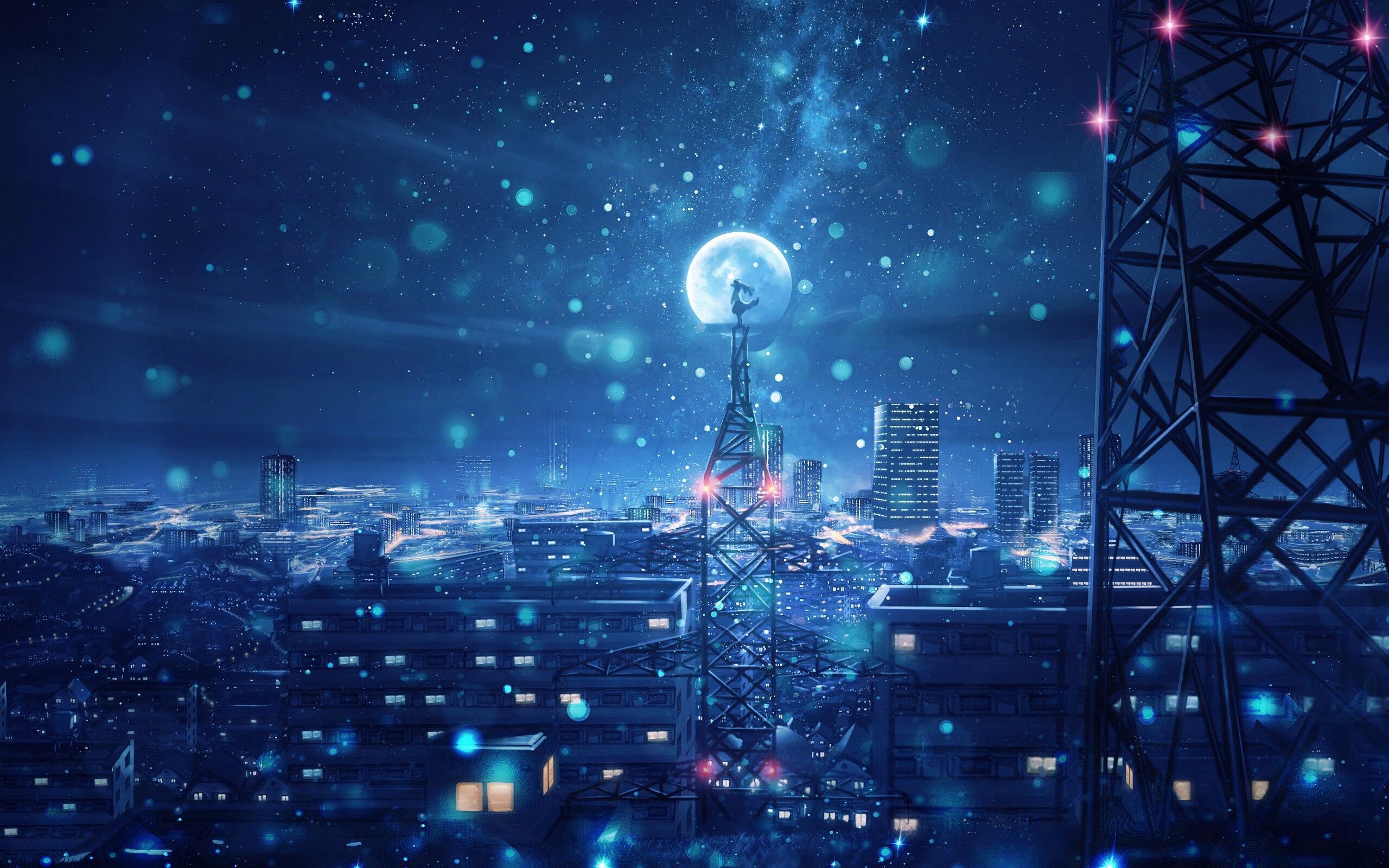 Blue Night Big Moon Anime Scenery 4k 2560x1600 Resolution HD 4k Wallpaper, Image, Background, Photo and Picture