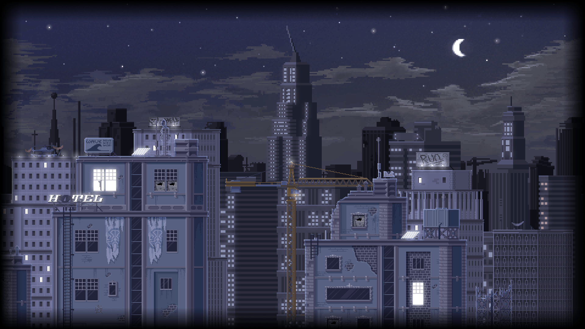 A cityscape at night with a crescent moon in the sky. - 1920x1080, HD