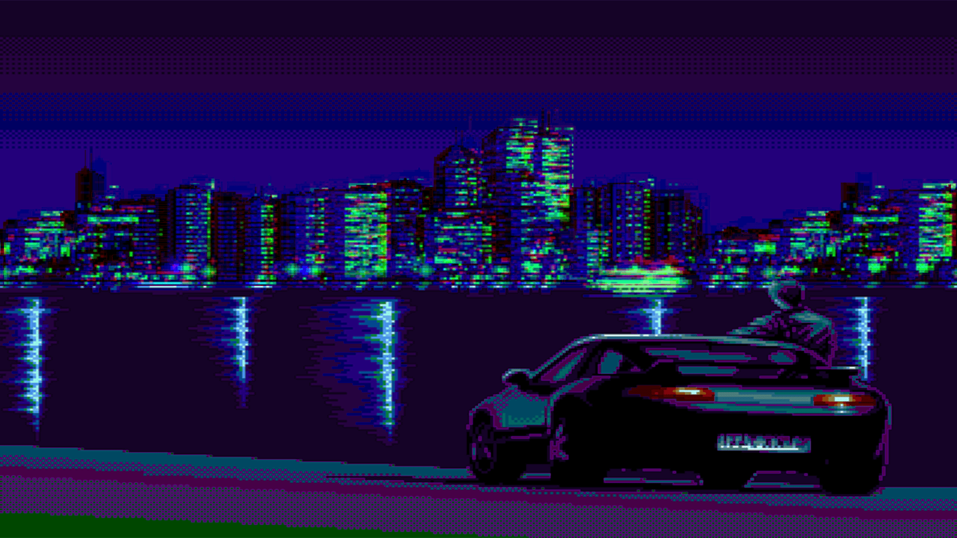 A car driving down the road in front of an illuminated city - 1920x1080, cars, HD, retro, city