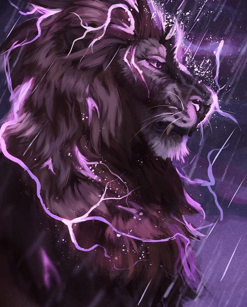 Lightning Lion, black, neon, purple, rain, teeth, HD phone wallpaper