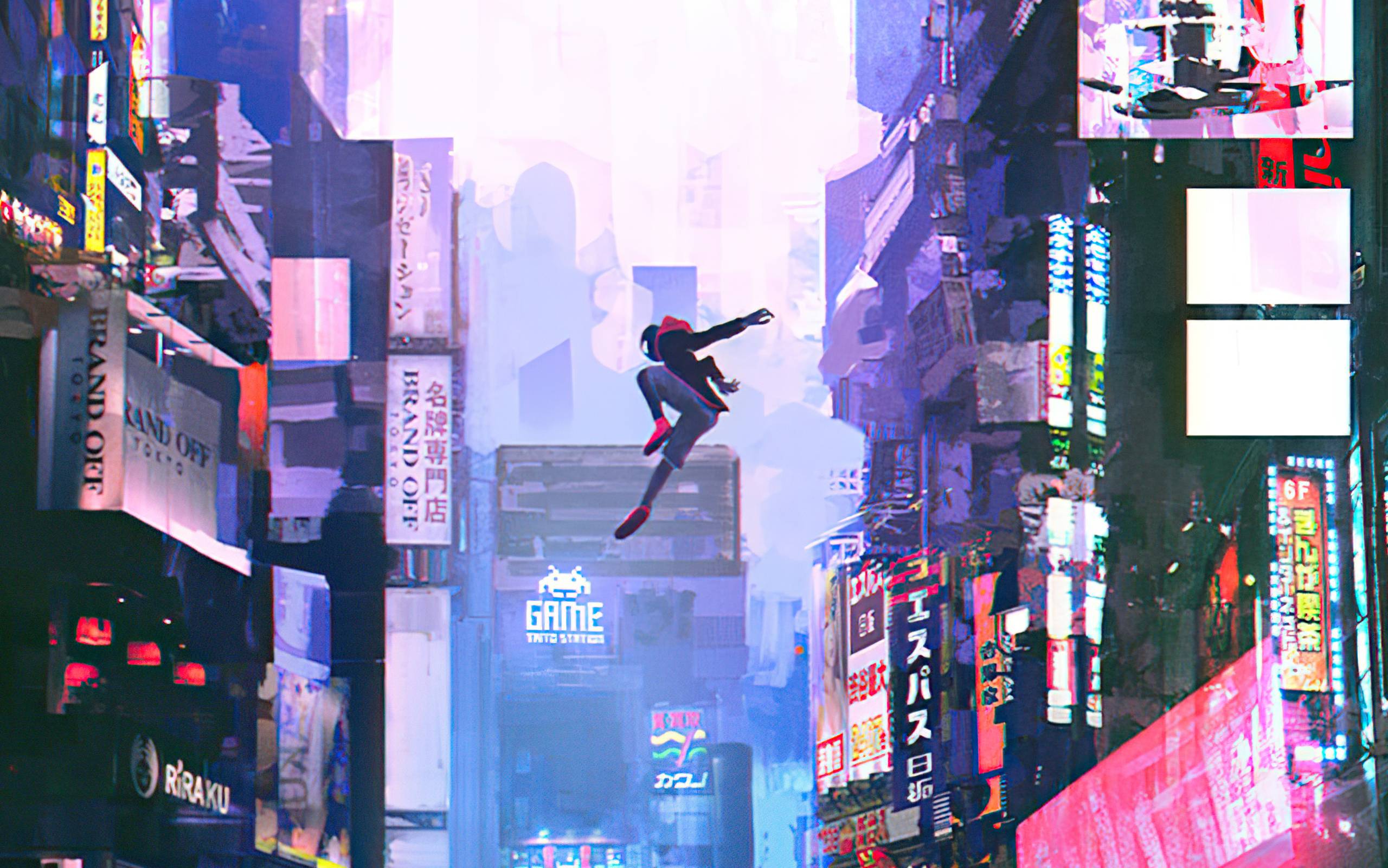 Spider-Man leaps through the air in a colorful, neon cityscape. - 2560x1600