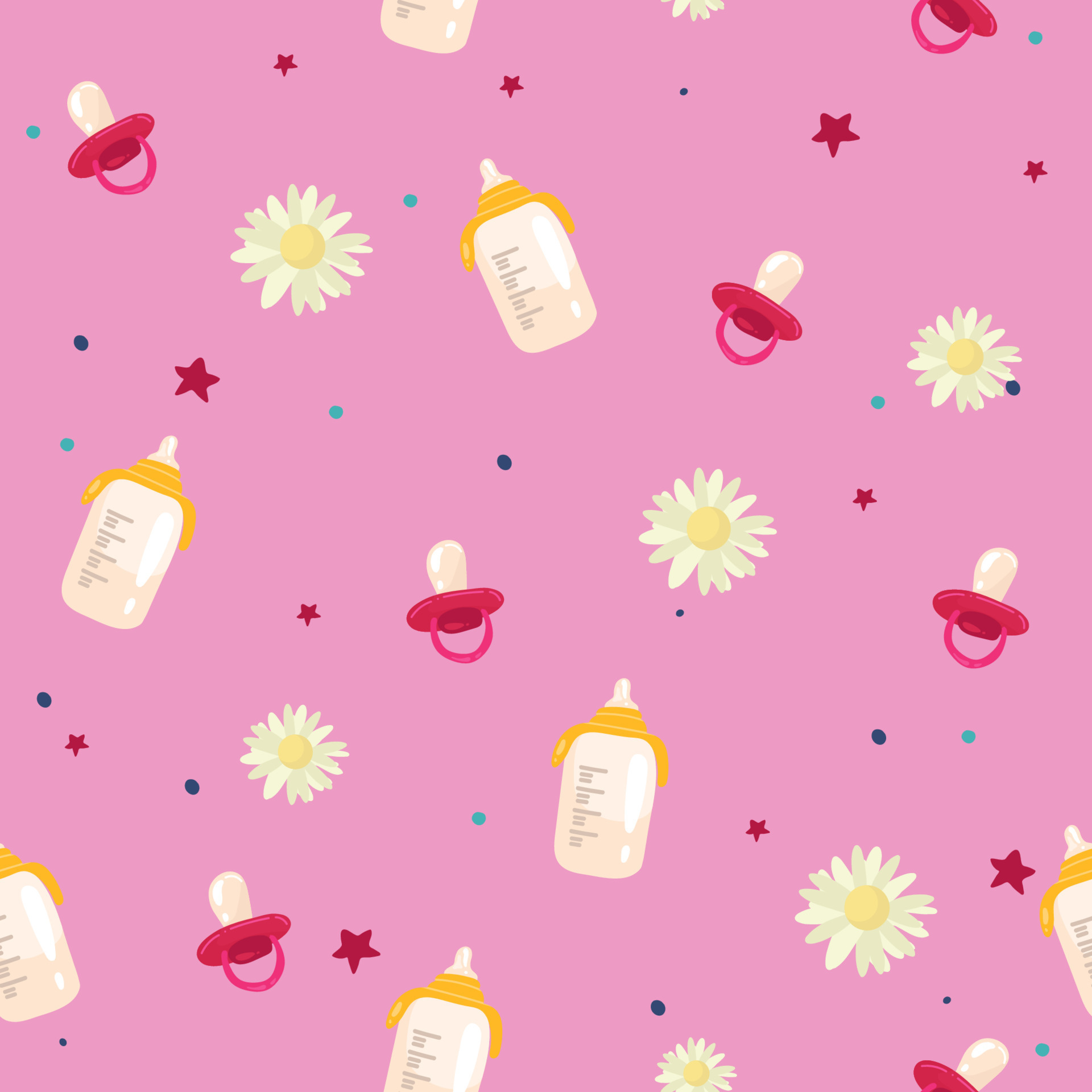 A lot of baby bottles, colorful seamless pattern, hand drawn icons. Background with baby foods. Decorative wallpaper, good for printing