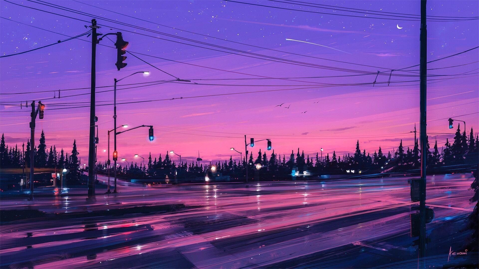A painting of an intersection at night - Desktop, HD, 1920x1080, landscape, scenery, road, lo fi
