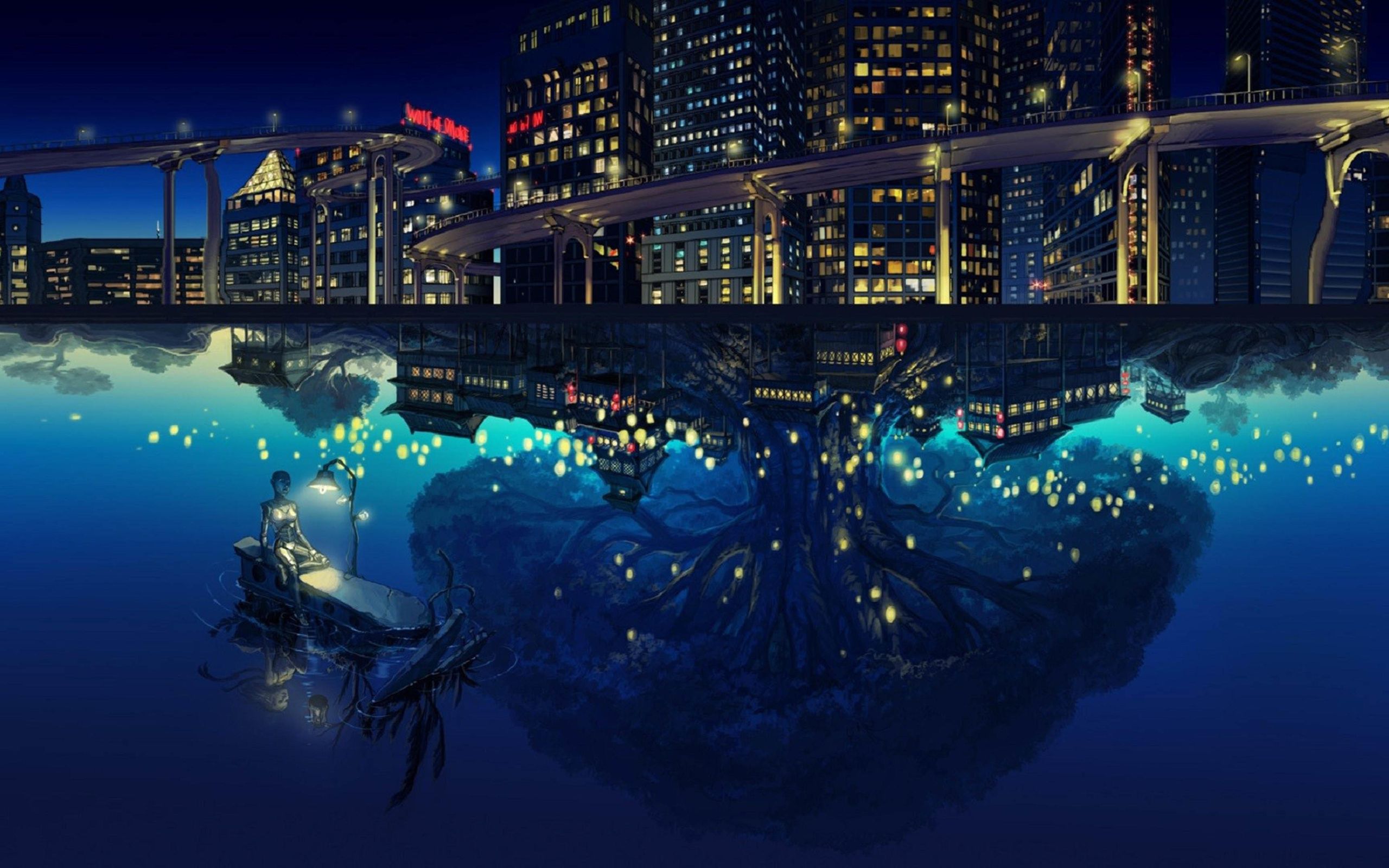 A city with lights and water in the background - 2560x1600