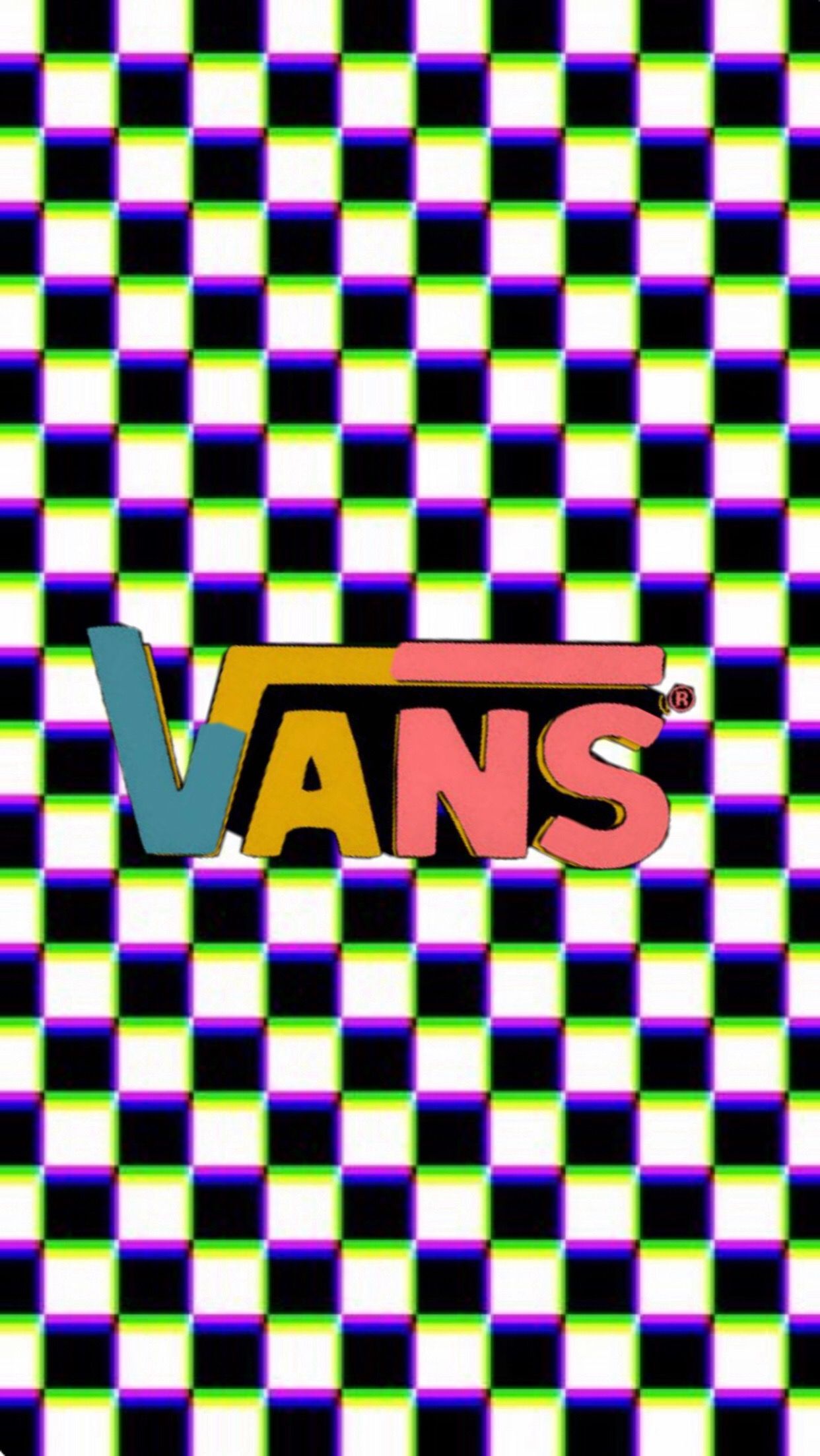 A colorful vans logo on a black, blue, green, and white checkered background - Vans, checkered