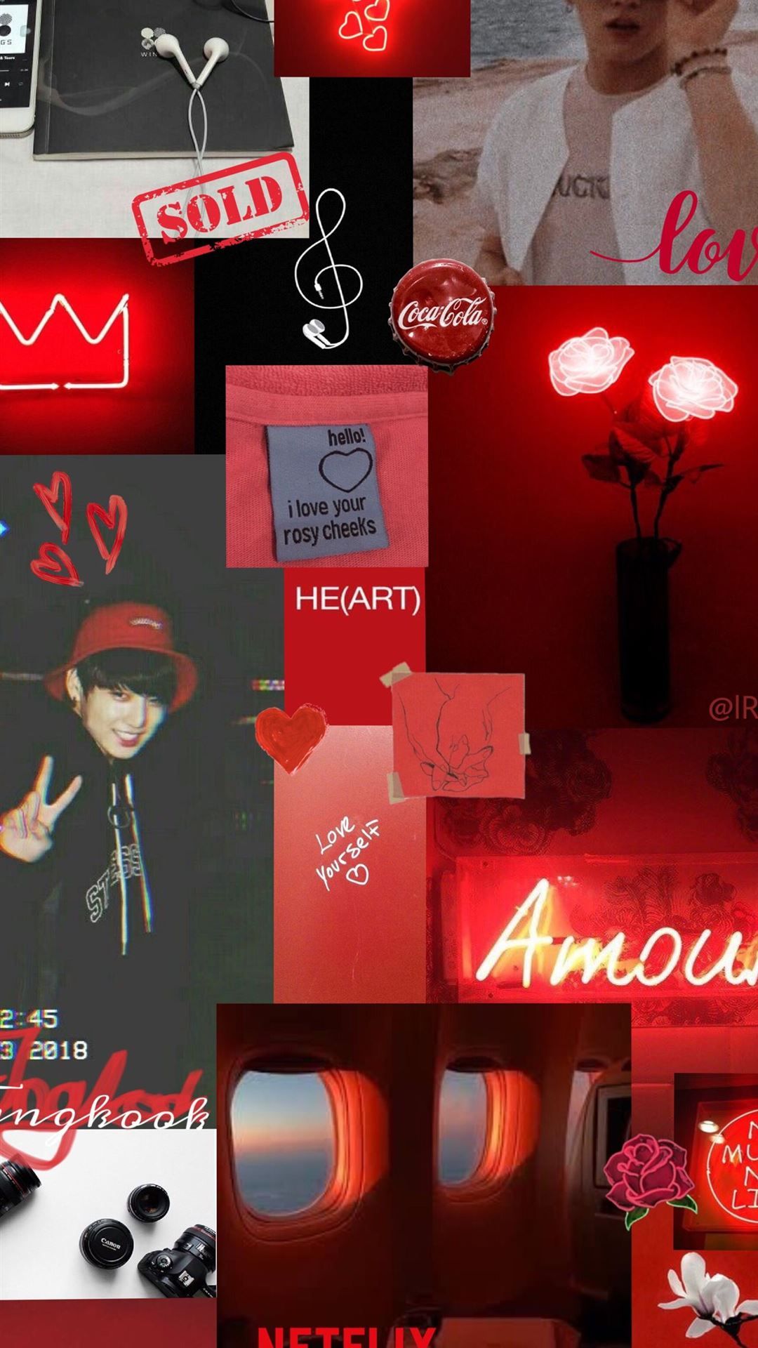 Red aesthetic wallpaper for phone and desktop with BTS, Netflix, Coca Cola, and Amor. - IPhone red