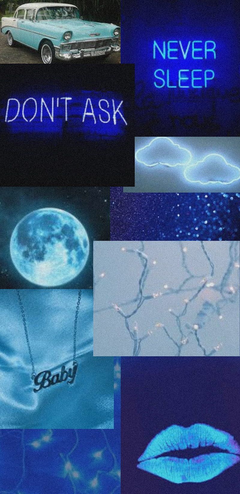 A collage of pictures with different colors and text - Blue, neon blue, pastel blue, lips, bright