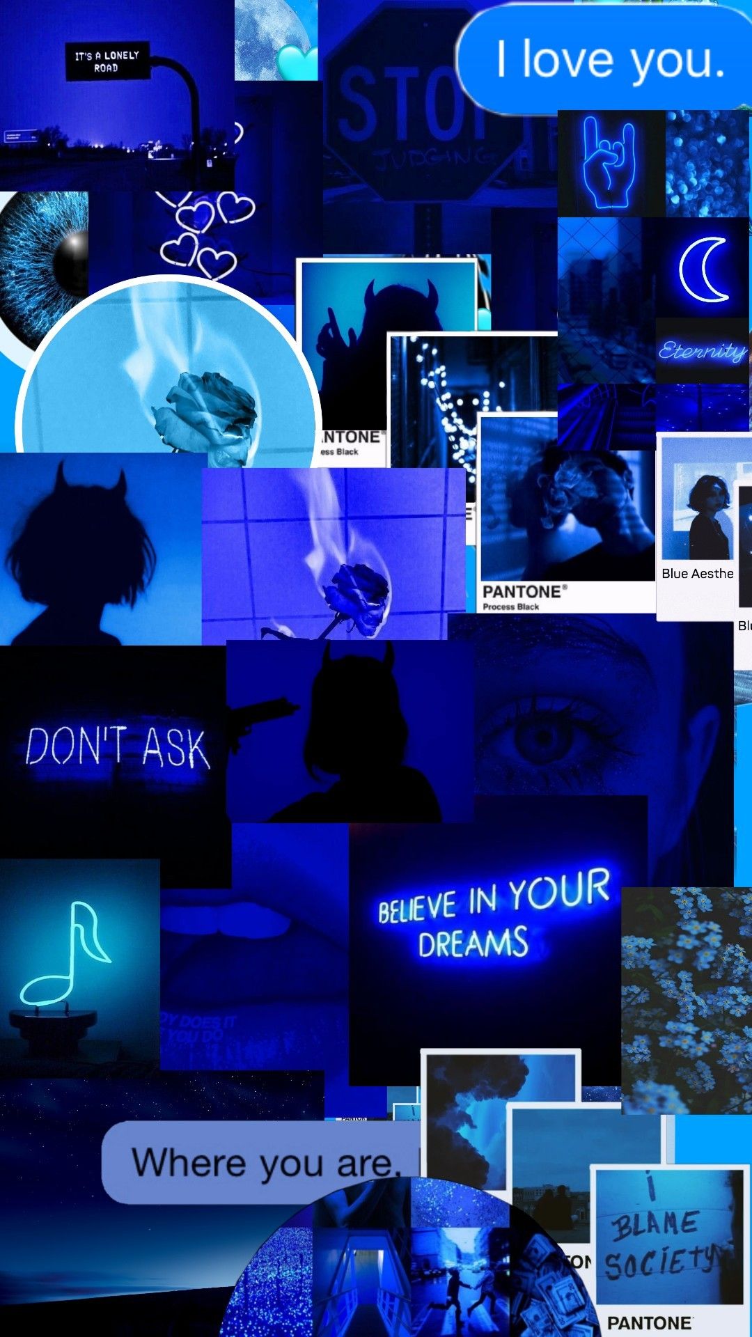 A blue background with various pictures on it - Neon blue