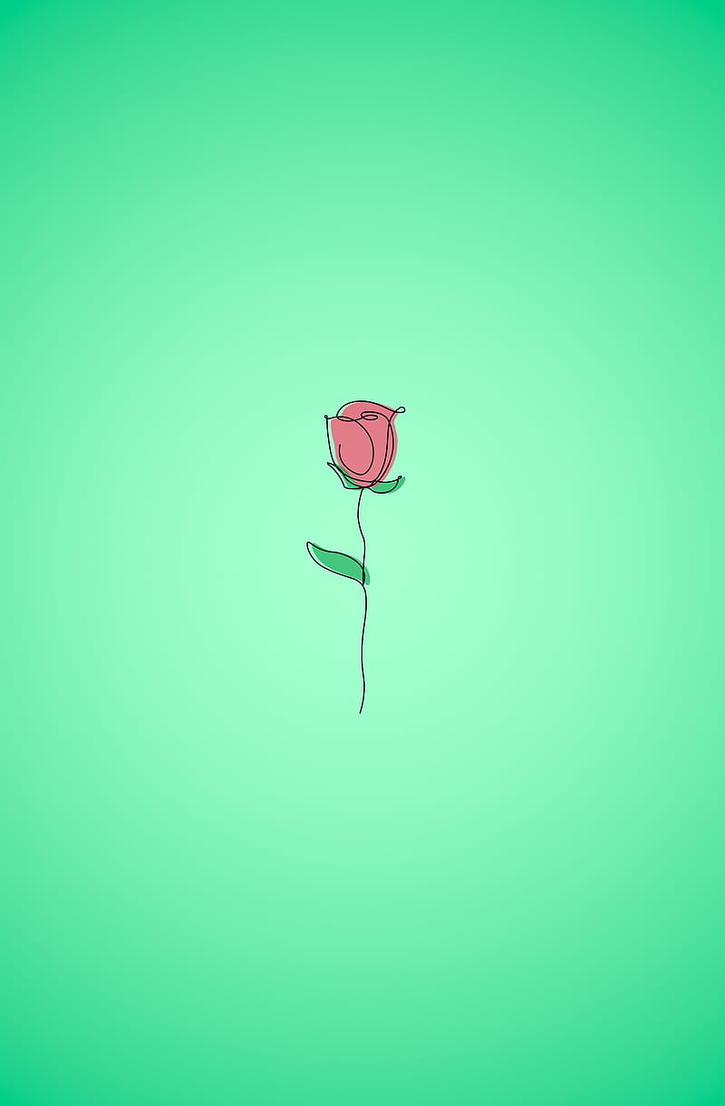 A single pink rose on green background - Pastel minimalist